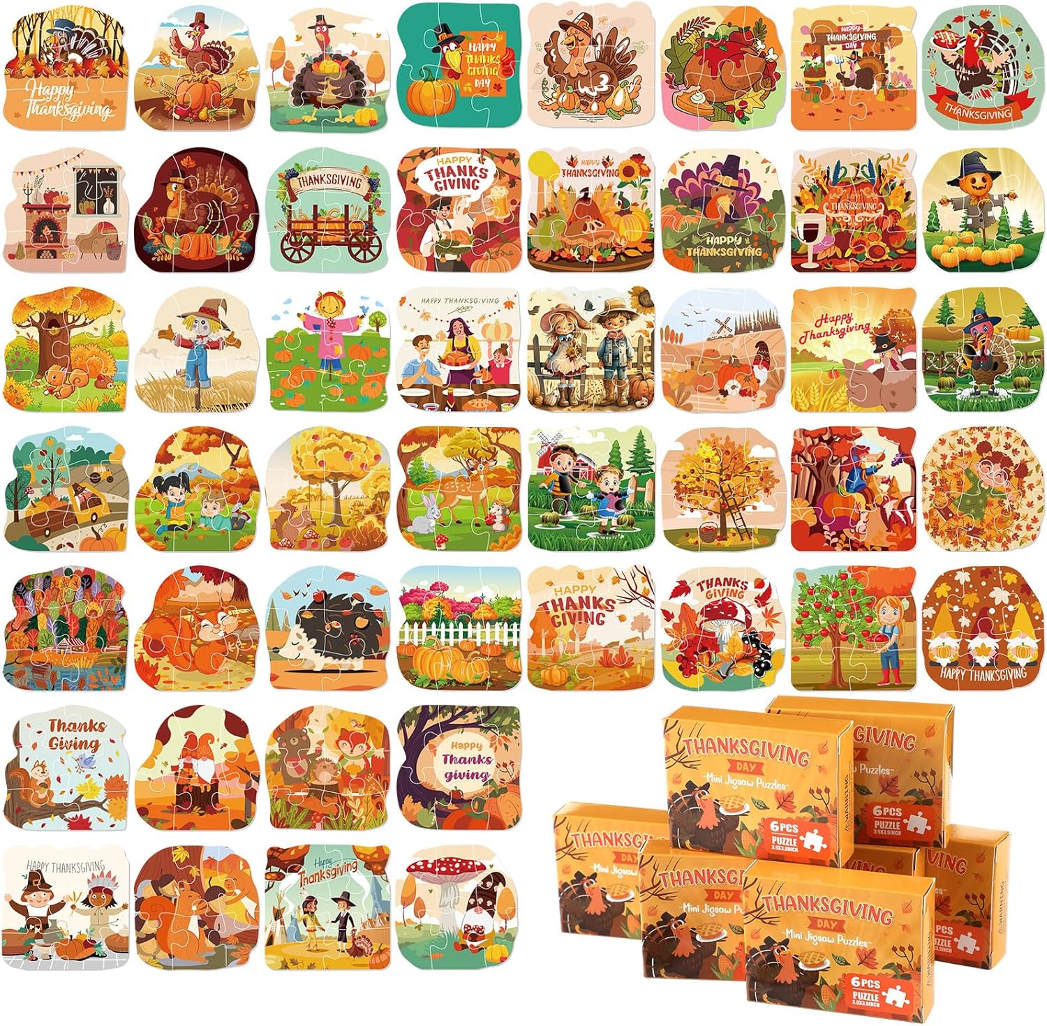 48 cajas de juegos de recuerdos de fiesta de Acción de Gracias, 6 piezas para niños, mini rompecabezas de Acción de Gracias, regalos para niños,