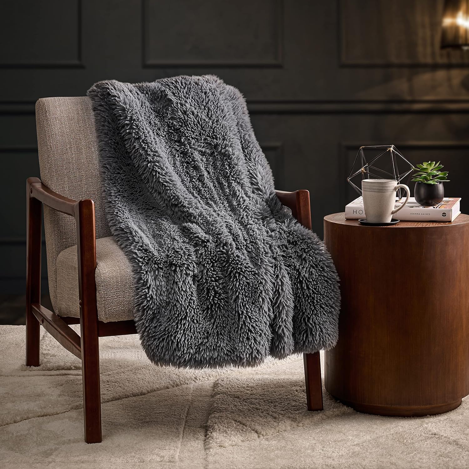 Artisan 34 Manta de piel sintética de lujo extra cálida y acogedora de 50 x 60 pulgadas, manta reversible de piel gris supersuave y mullida para