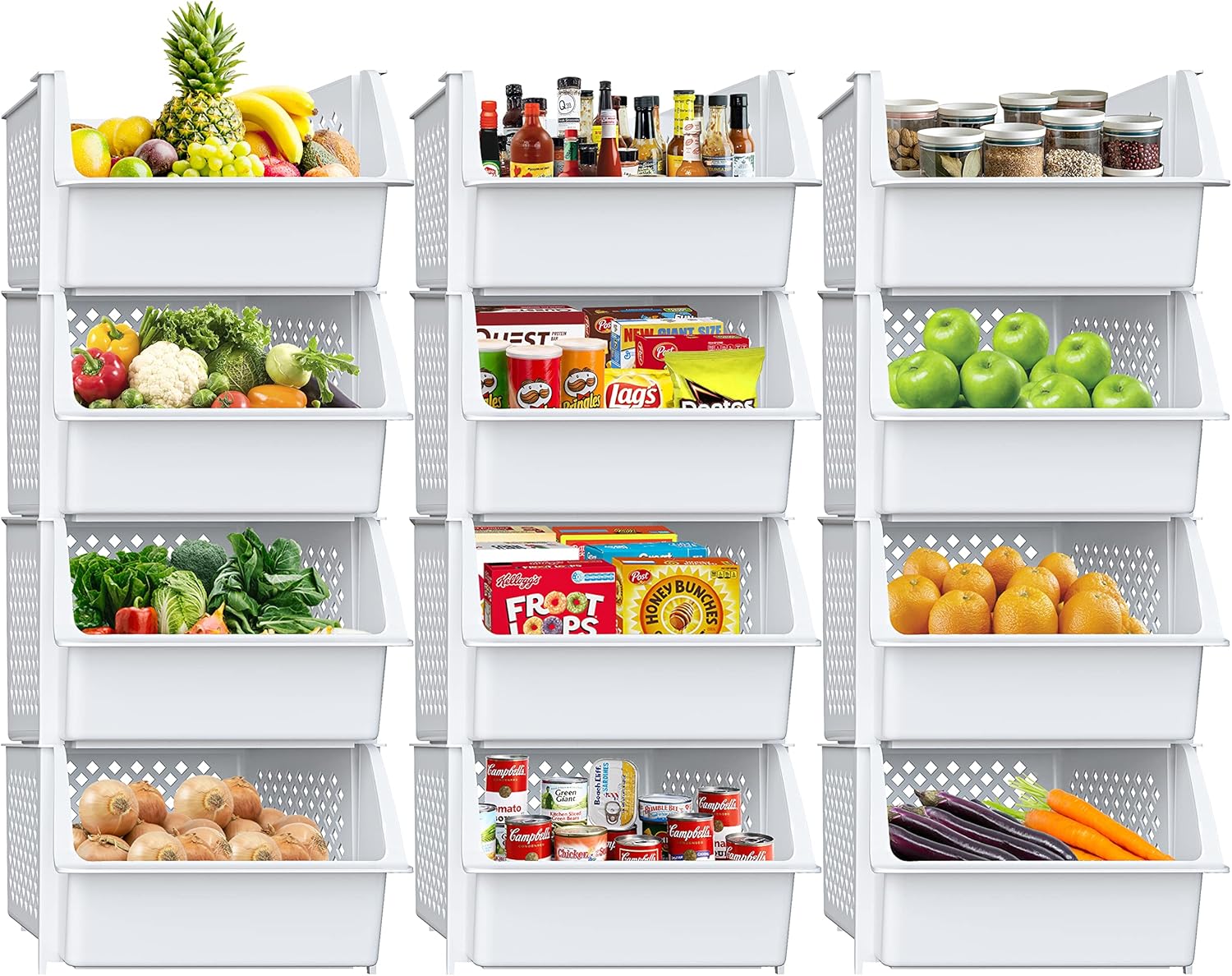 Skywin Contenedores de almacenamiento apilables de plástico para despensa, paquete de 12 contenedores apilables blancos para organizar alimentos,