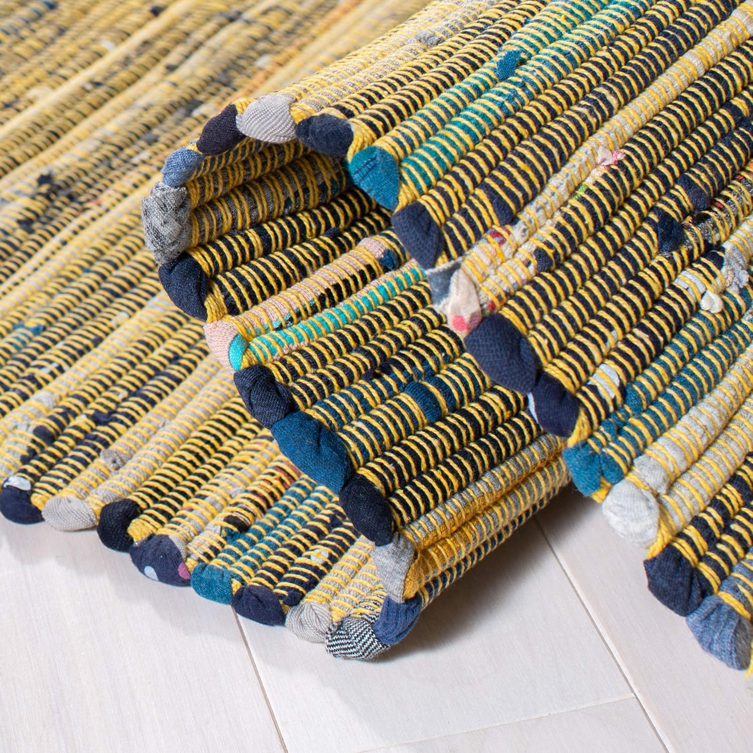 Safavieh Rag Collection RAR127B – Alfombra de algodón tejida a mano, color azul y multicolor, Algodón, AmarilloMulti