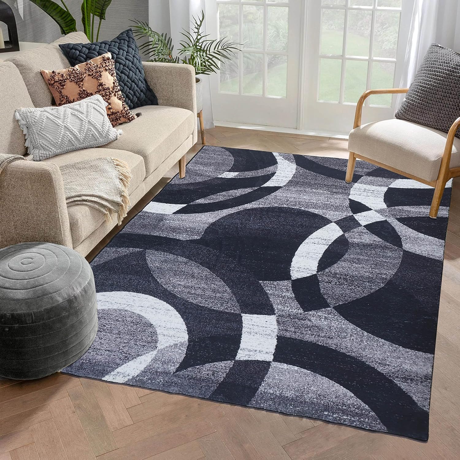 YUFANUHO Alfombra moderna de lana sintética suave de 4 x 6 pies, diseño de líneas de círculos abstractos, para sala de estar, dormitorio, lavable a