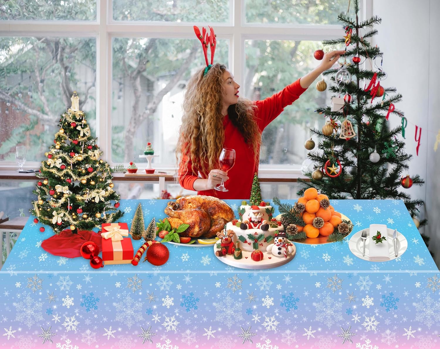 Kesfey Paquete de 3 manteles de Navidad con copos de nieve de 51 x 87 pulgadas, mantel desechable de plástico con copos de nieve blancos para fiesta