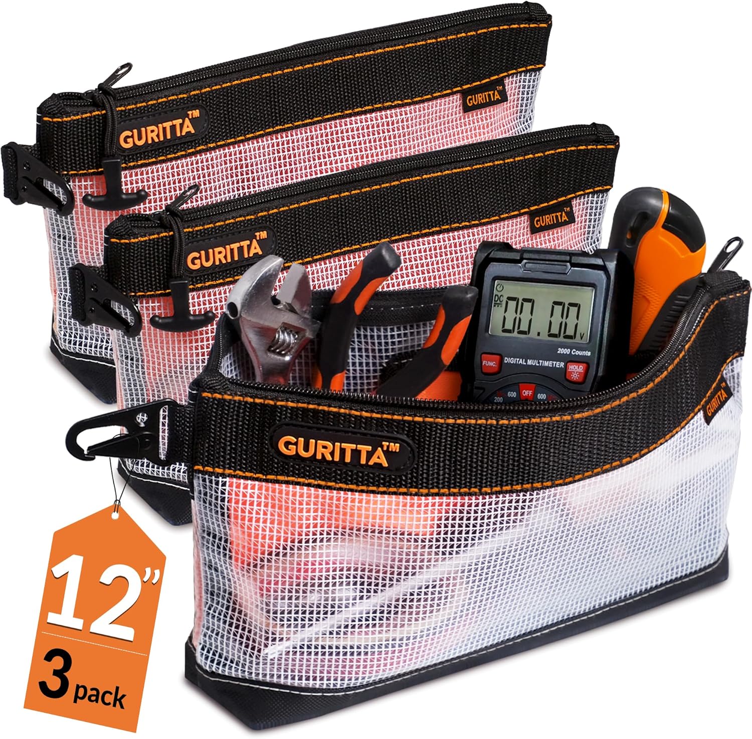 GURITTA Bolsas de herramientas transparentes con cremallera, bolsa de herramientas impermeable, bolsa de almacenamiento con funda para llaves, bolsa