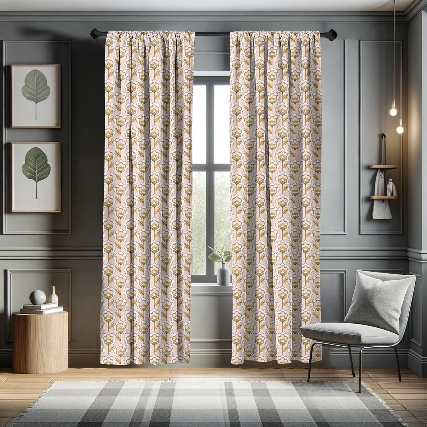 Lunarable Cortinas de mediados de siglo, rítmico retro típico de los años 50 y 60, ilustraciones de adornos de flores, tratamientos de ventana,