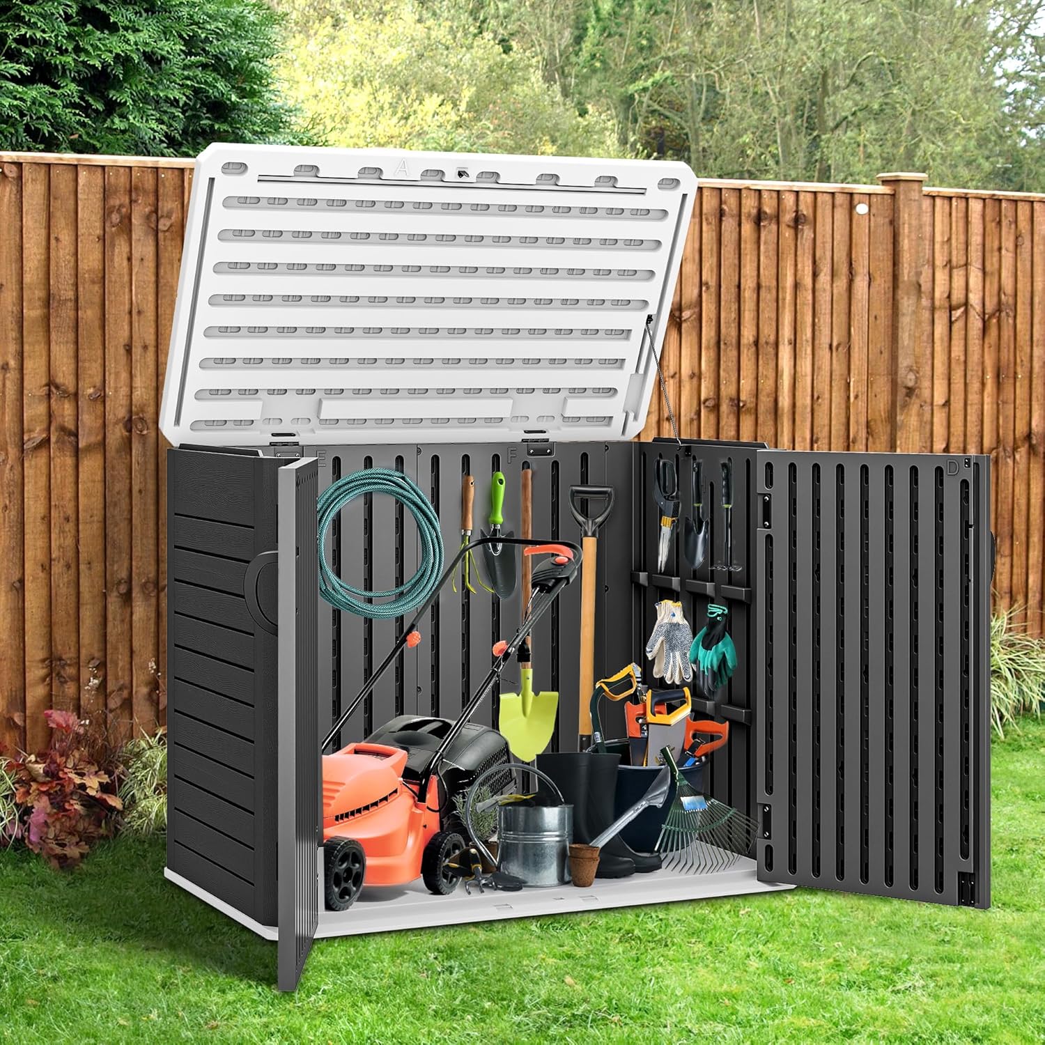 YITAHOME Cobertizo de almacenamiento horizontal para exteriores con puerta con cerradura en forma de X, 35 pies cúbicos de resina resistente a la