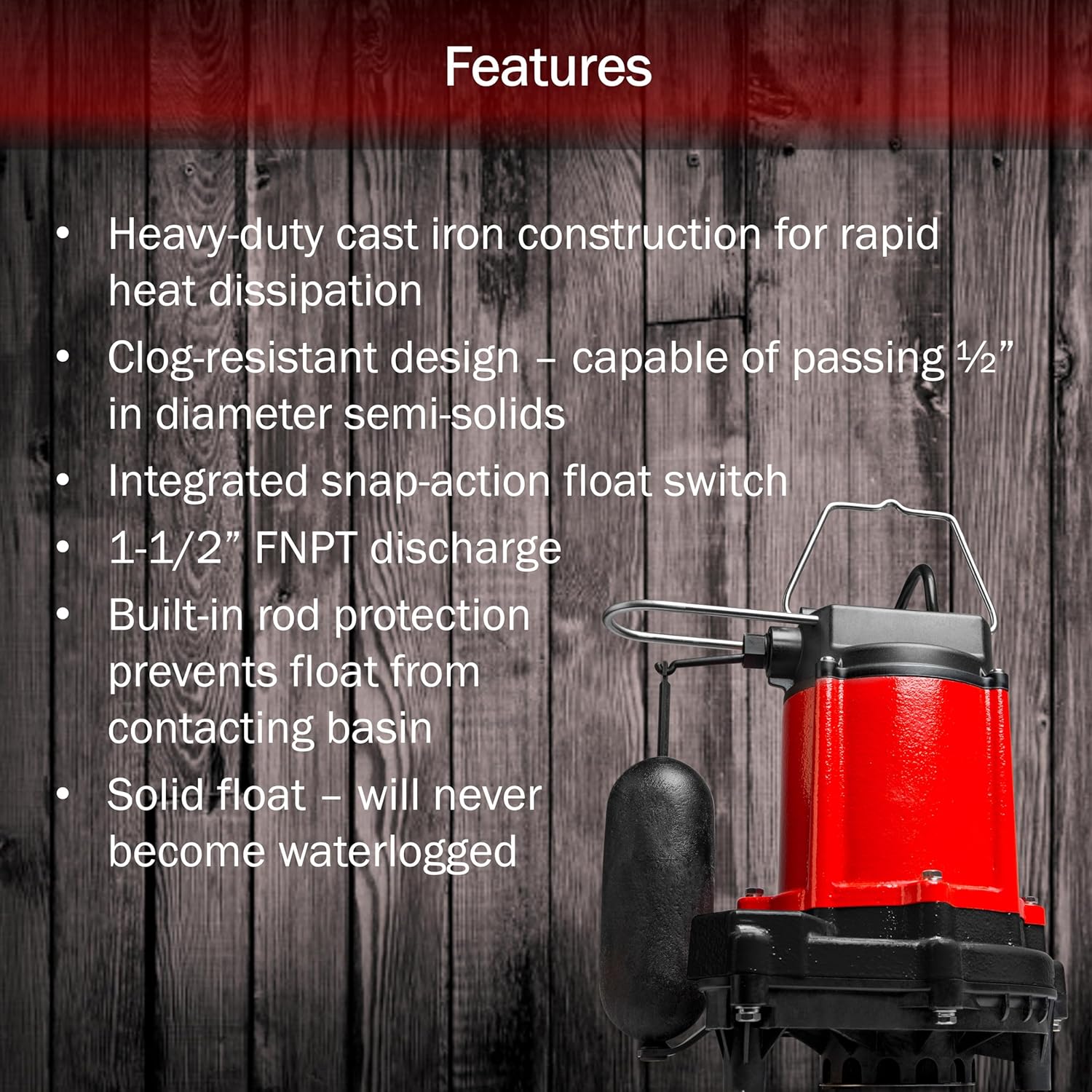 Red Lion RL-50SC 14942653 Bomba de sumideroefluente de hierro fundido de 12 HP, 115 voltios, 4000 GPH, con interruptor de flotador de acción a