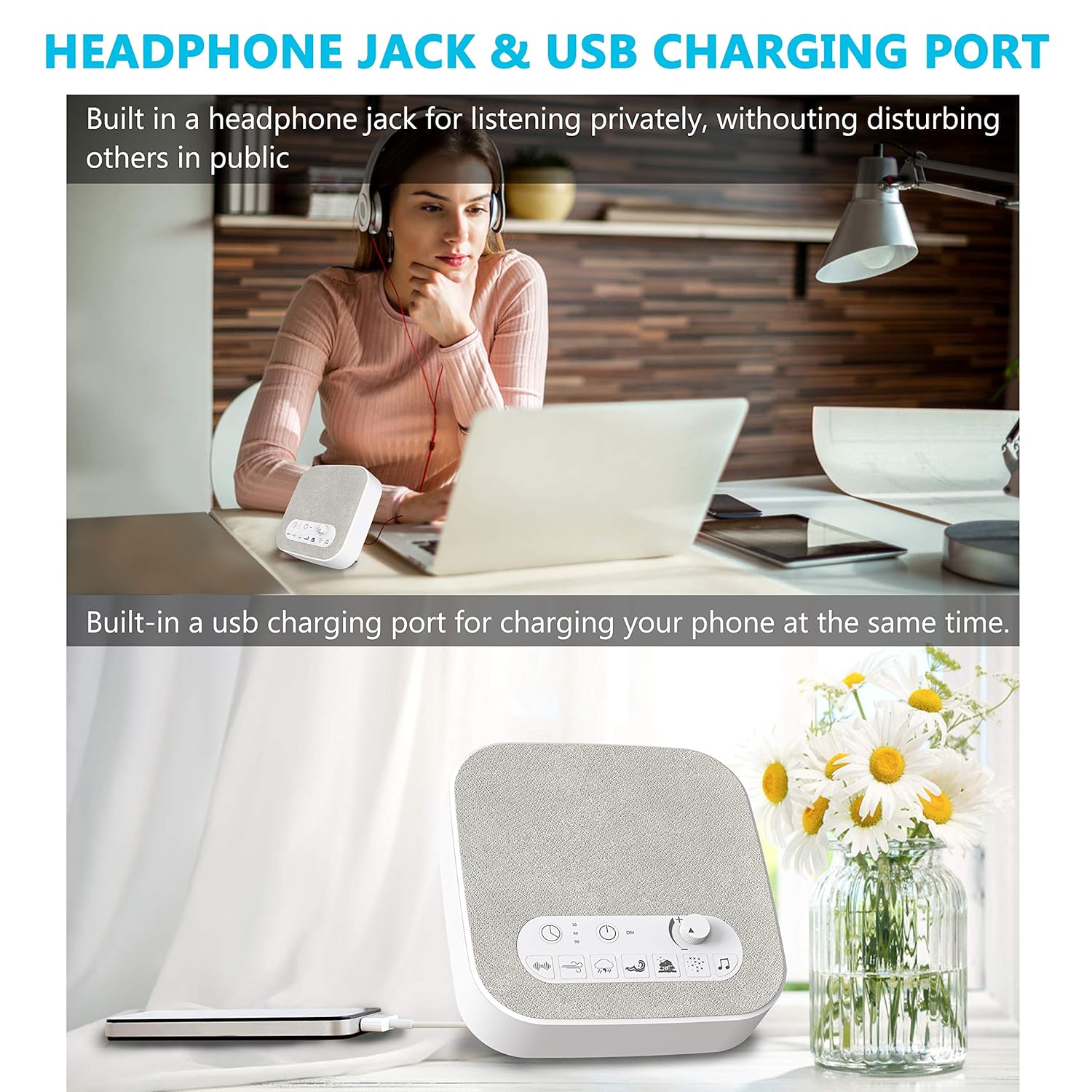 Máquina de sonido de ruido blanco con sonidos naturales, cargador de salida USB, volumen ajustable, conector para auriculares y temporizador de