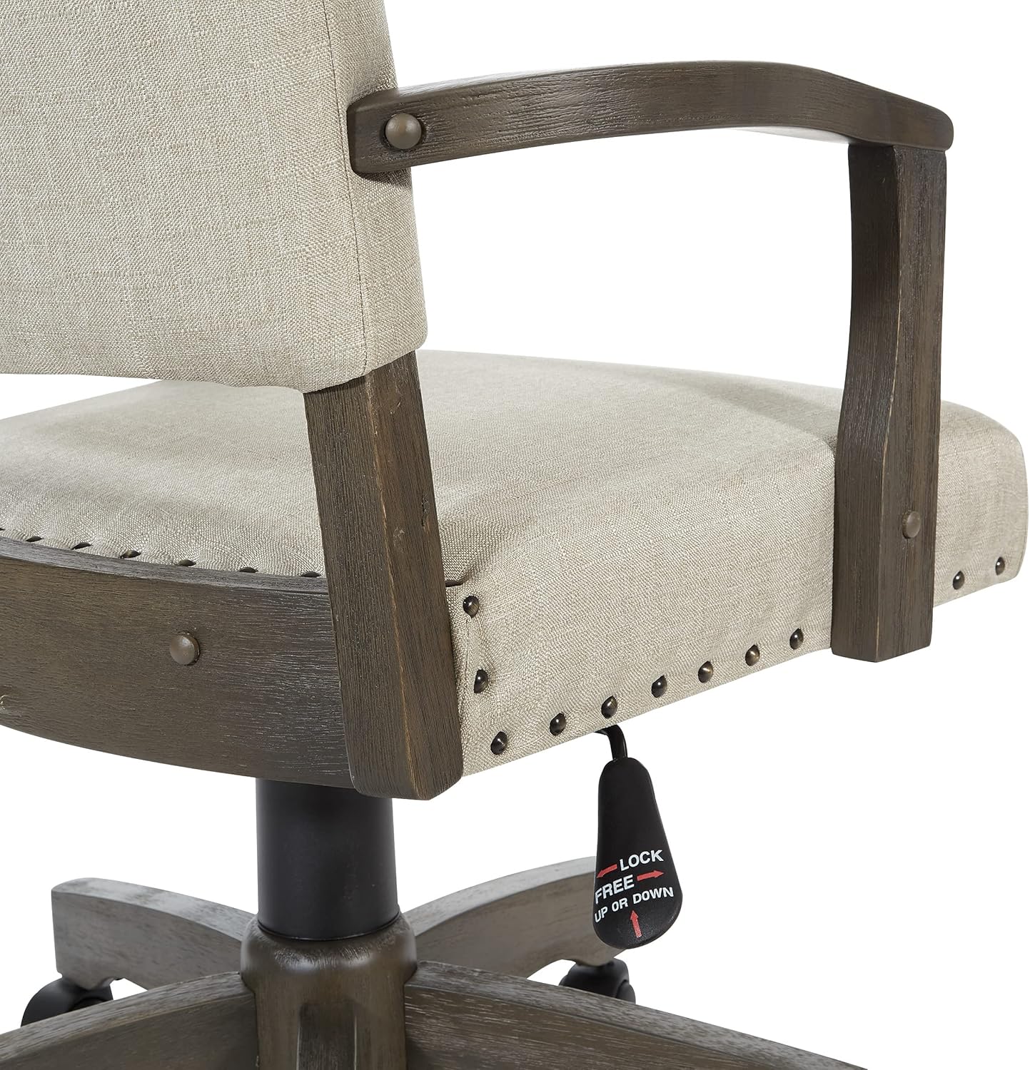 OSP Home Furnishings Santina – Silla de escritorio acolchada con costuras francesas a medida y ribete de cabeza de clavo, brazos de madera maciza y