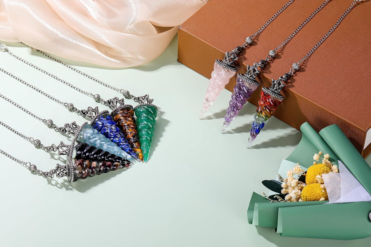 Jovivi Péndulos de cristal de amatista natural para radiestesia de adivinación, corona de cono de espiral, péndulo puntiagudo con cadena, piedras de
