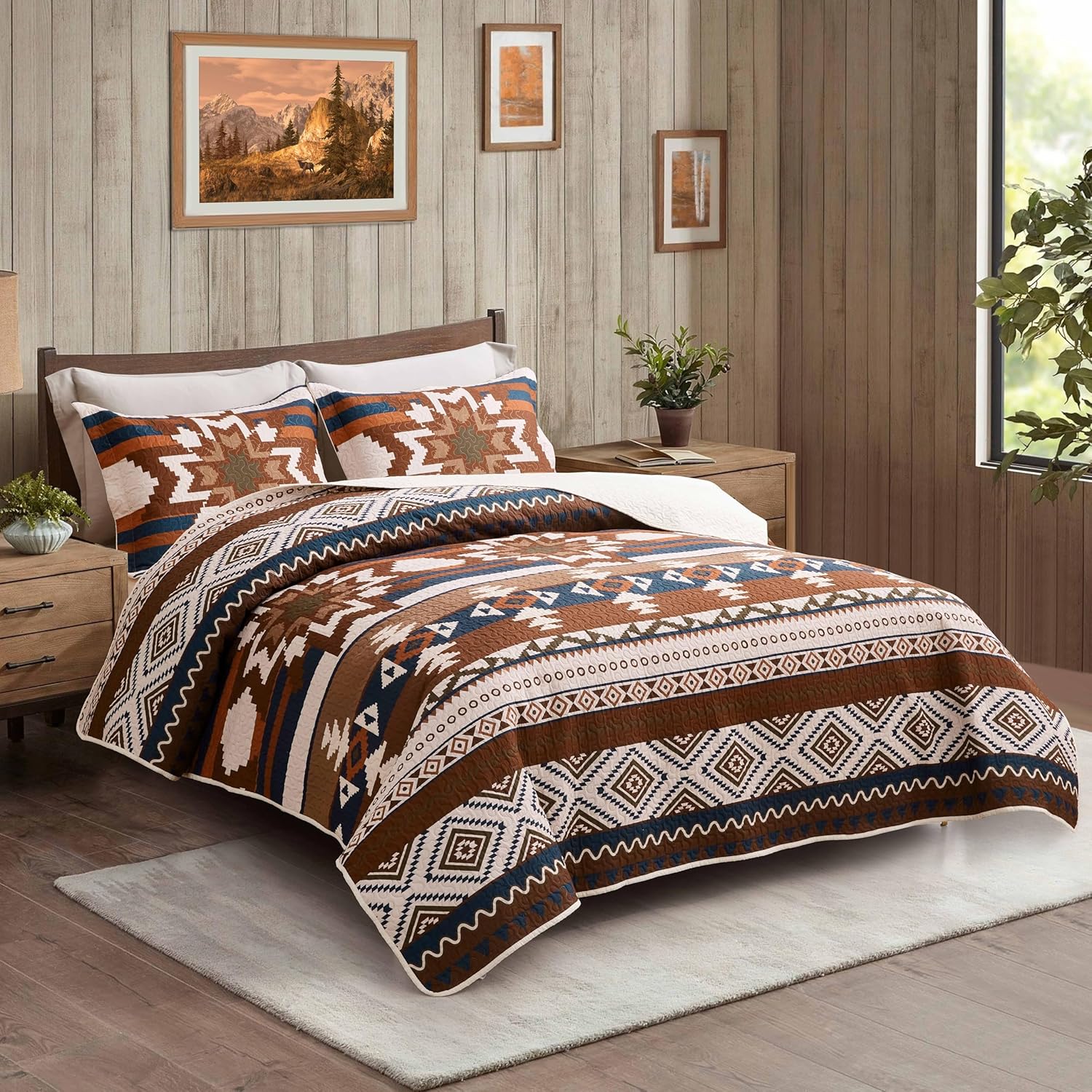 Southwestern – Juego de edredón tribal occidental, rústico, azteca, nativo americano, navajo, juego de ropa de cama de 3 piezas, color beige, gris