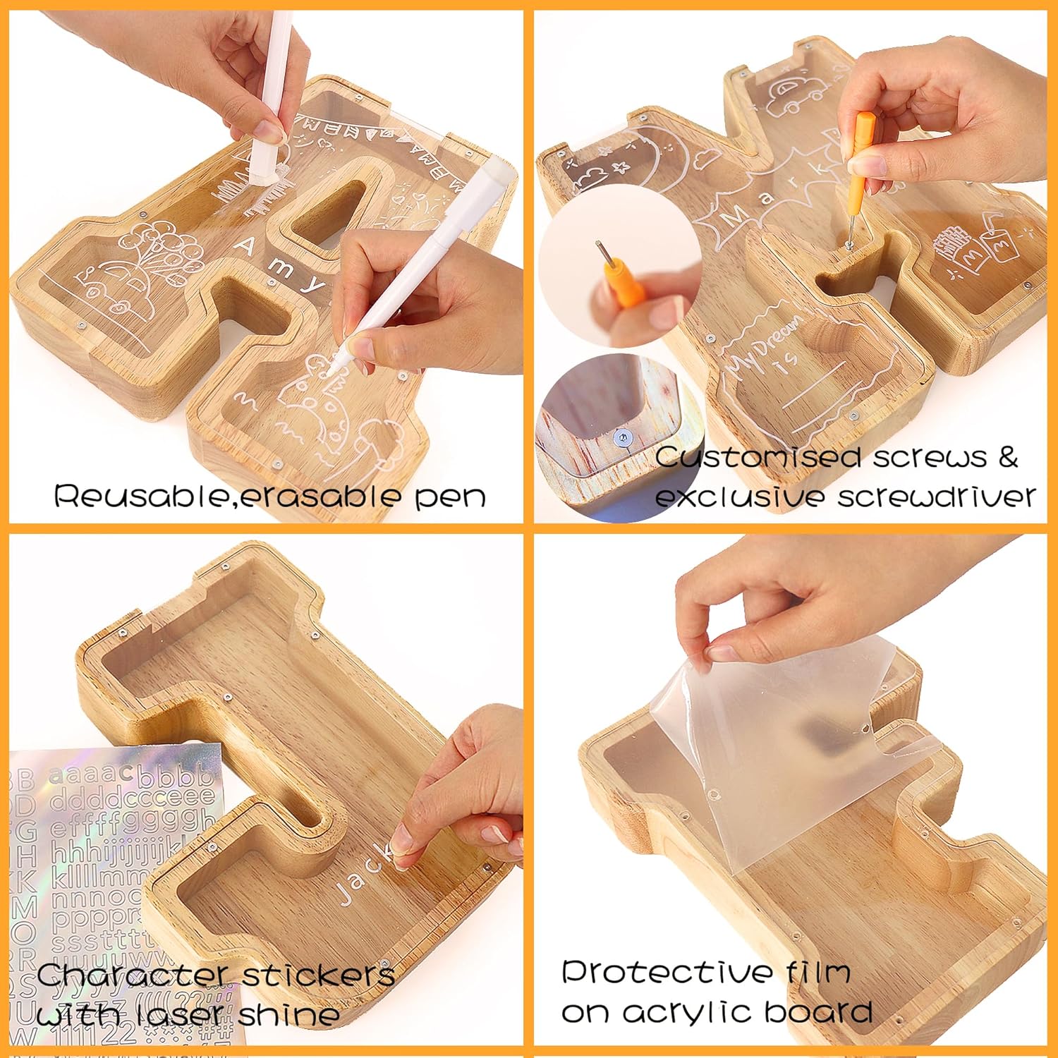 weallbuy Alcancía de madera grande con letras para niños y niñas, alcancías personalizadas de madera de la A a la Z con área objetivo, letras del