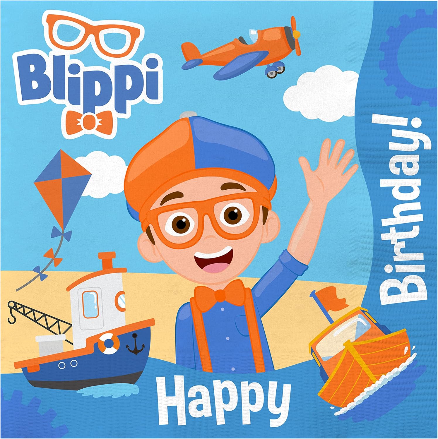 Treasures Gifted Suministros de fiesta de cumpleaños con licencia oficial de Blippi, paquete de 48 servilletas Blippi, suministros para fiesta de