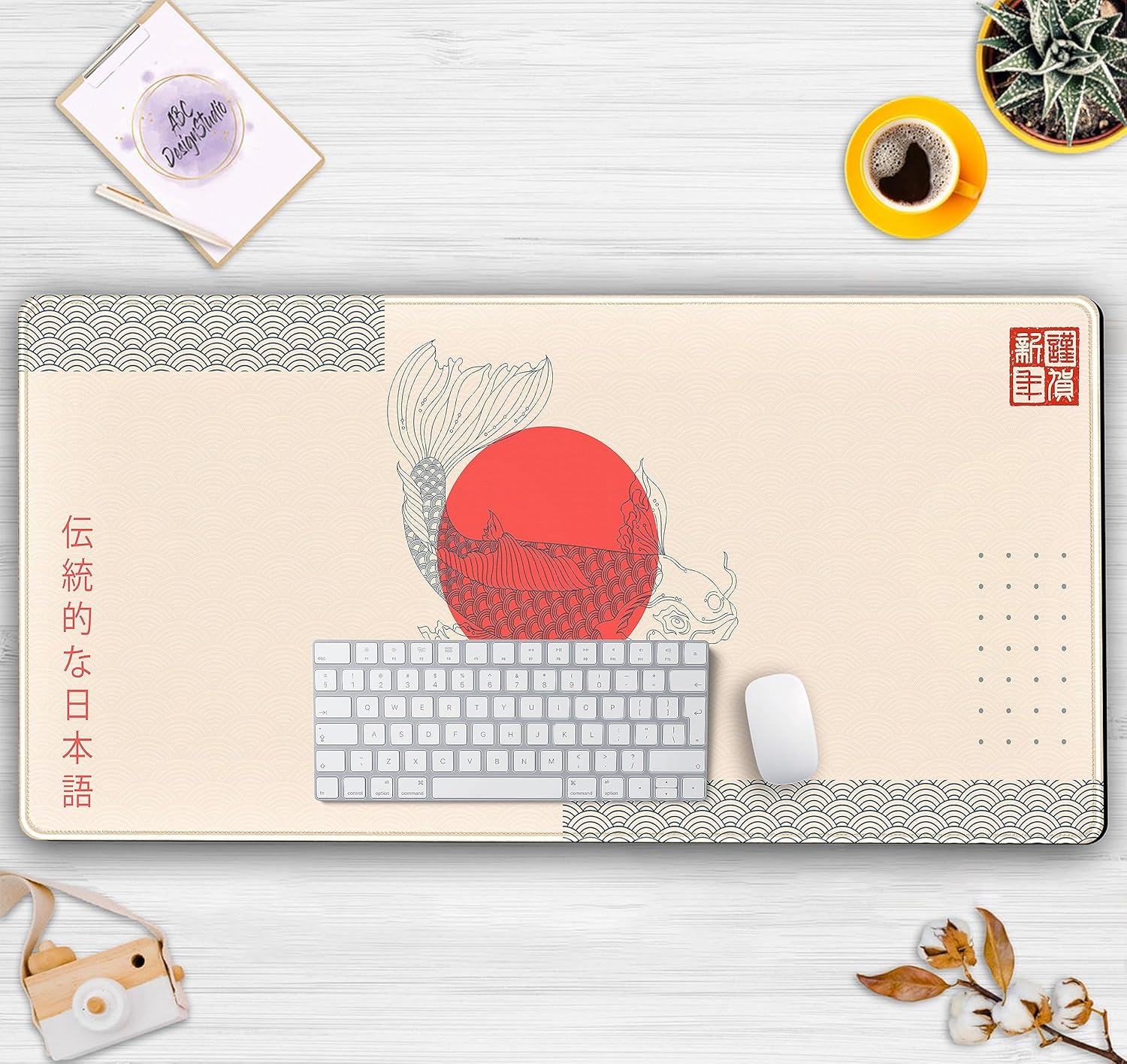 Alfombrilla de mouse de ramen japonés beige con diseño estético de Japón, alfombrilla de mouse de comida de pescado, colores bohemios de moda, XXL,