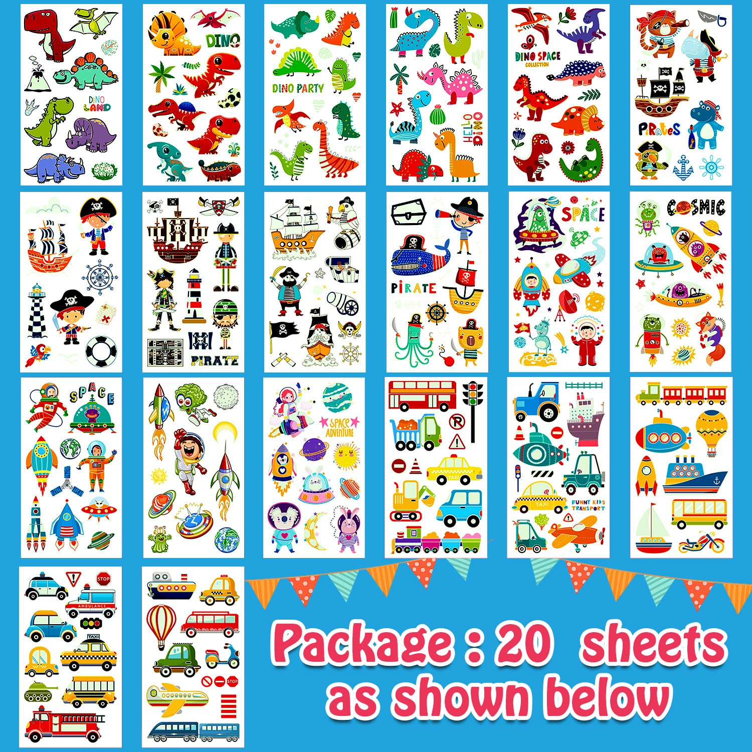 Partywind 20 hojas (230 estilos) tatuajes temporales luminosos para niños y niños, calcomanías de tatuaje impermeables brillantes con