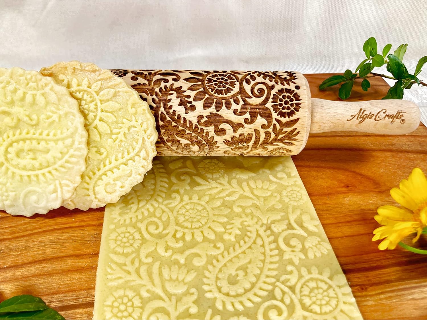 FLORAL 3 Small Textured Rolling Pinset. Wooden laser engraved embossing dough roller for embossed cookies gift for Birthday, Easter by Algis Crafts