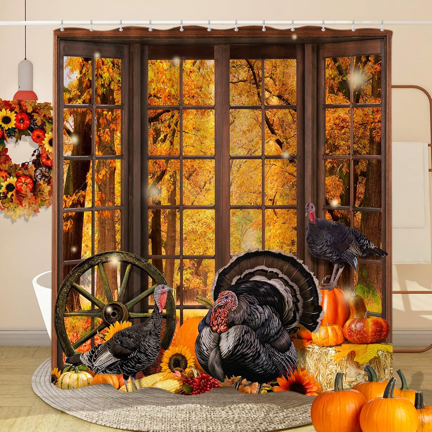 Cortina de ducha de otoño de Acción de Gracias, calabazas de pavo de granja, cosecha de bosque otoñal, juego de cortinas de ducha para decoración de