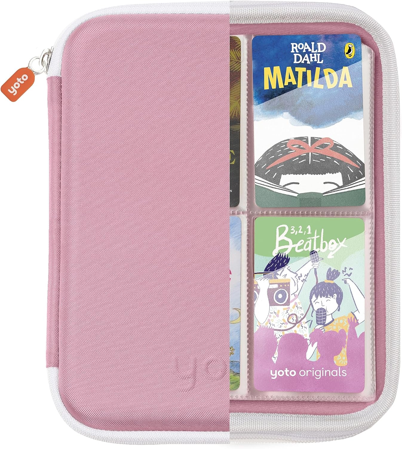 Yoto Estuche para tarjetas en Think Pink – Accesorio Kids Yoto – Carpeta portátil suave con cremallera y 64 bolsillos para Yoto Player y mini