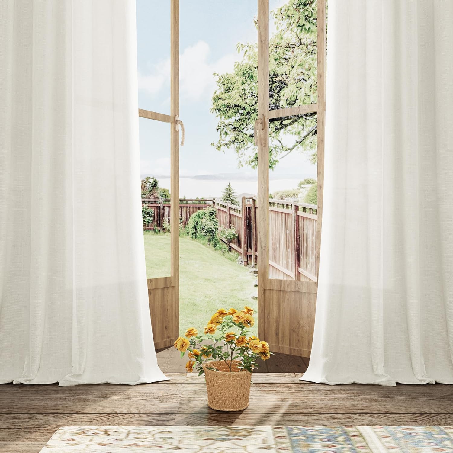 Cortinas de lino marfil de 96 pulgadas de largo, juego de 2 paneles para sala de estar, puertas corredizas de vidrio, cortinas filtrantes de luz de