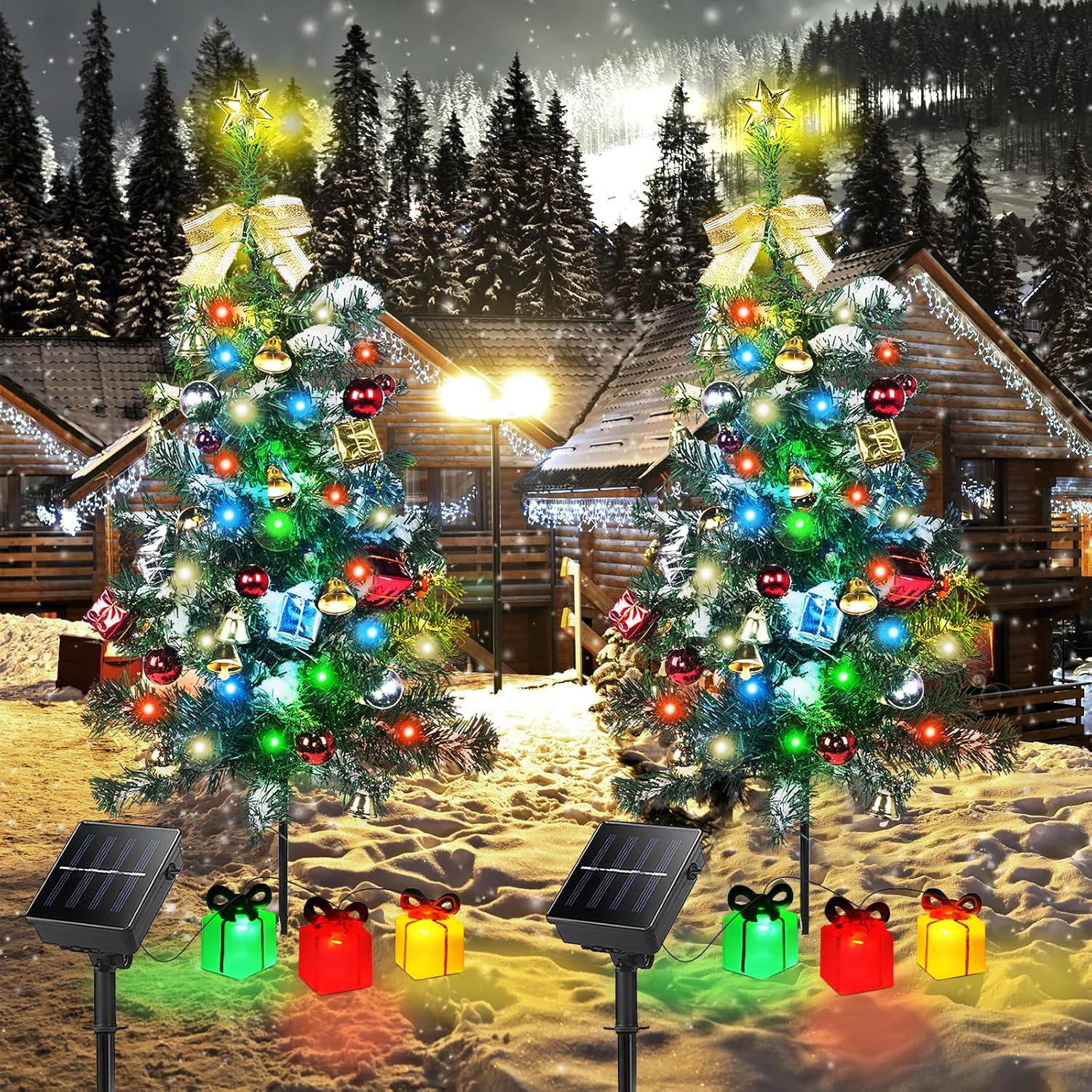 Decoración solar para árbol de Navidad, luces para exteriores, paquete de 2 con 60 LED, 44 adornos de Navidad, 6 cajas de regalo iluminadas, 8