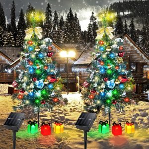 Decoración solar para árbol de Navidad, luces para exteriores, paquete de 2 con 60 LED, 44 adornos de Navidad, 6 cajas de regalo iluminadas, 8 Decoración solar para árbol de Navidad, luces para exteriores, paquete de 2 con 60 LED, 44 adornos de Navidad, 6 cajas de regalo iluminadas, 8