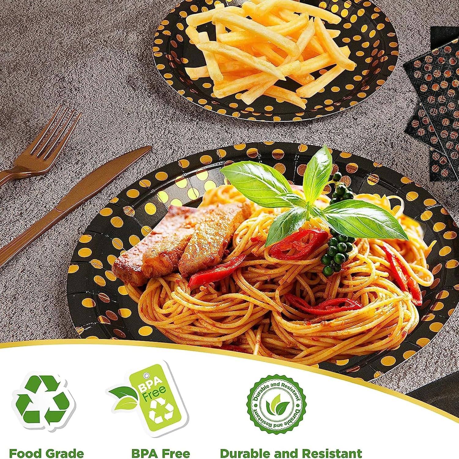 Choha 180 piezas de suministros de fiesta negros y dorados, sirve para 30 invitados desechables para fiestas, platos de papel negro, servilletas,