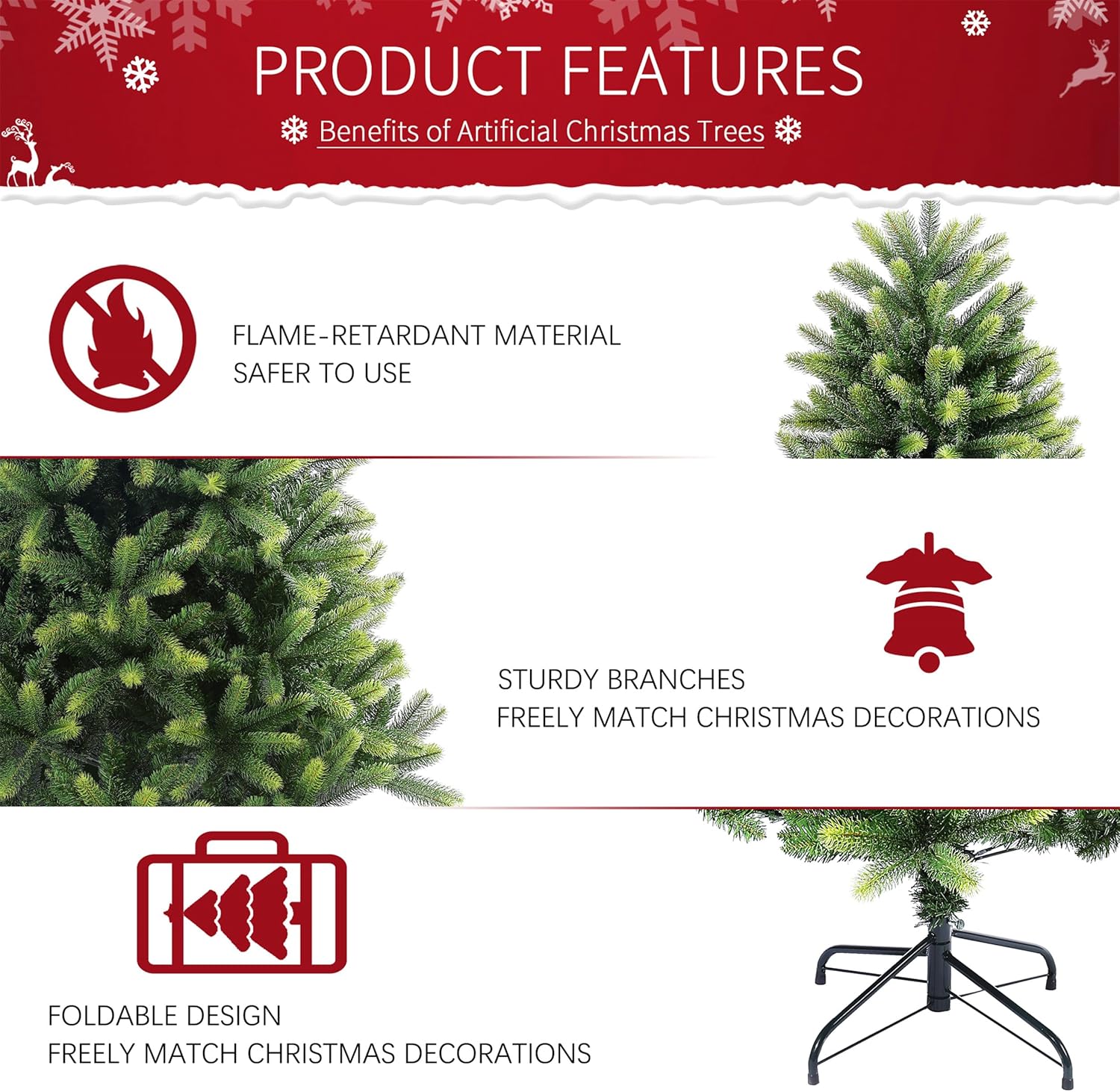 Árbol de Navidad artificial de 7 pies para el hogar, oficina, decoración de fiesta con puntas de ramas de PVC + PE, fácil montaje, bisagras de