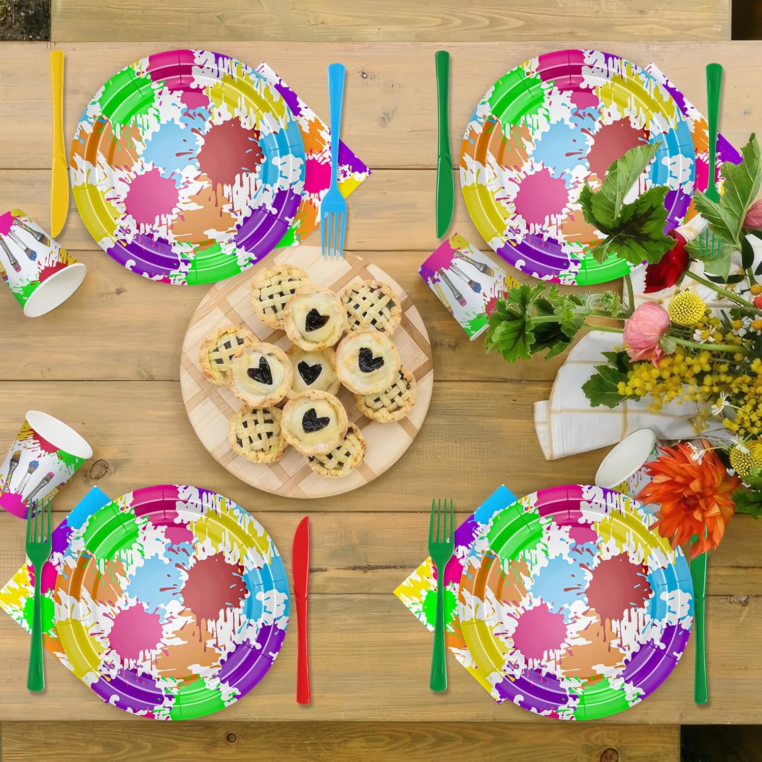 Vajilla de decoración de fiesta de arte, suministros para fiestas de pintura, plato de papel, taza, servilleta, mantel, cubiertos, pintura