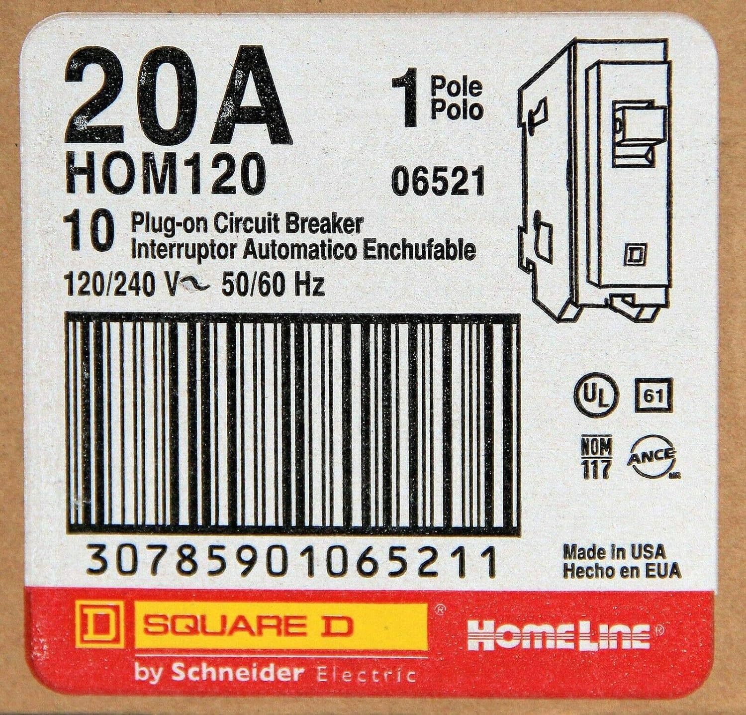 Caja de 10 Disyuntores enchufables Square D HOM120 1 polo 20A 120-240V