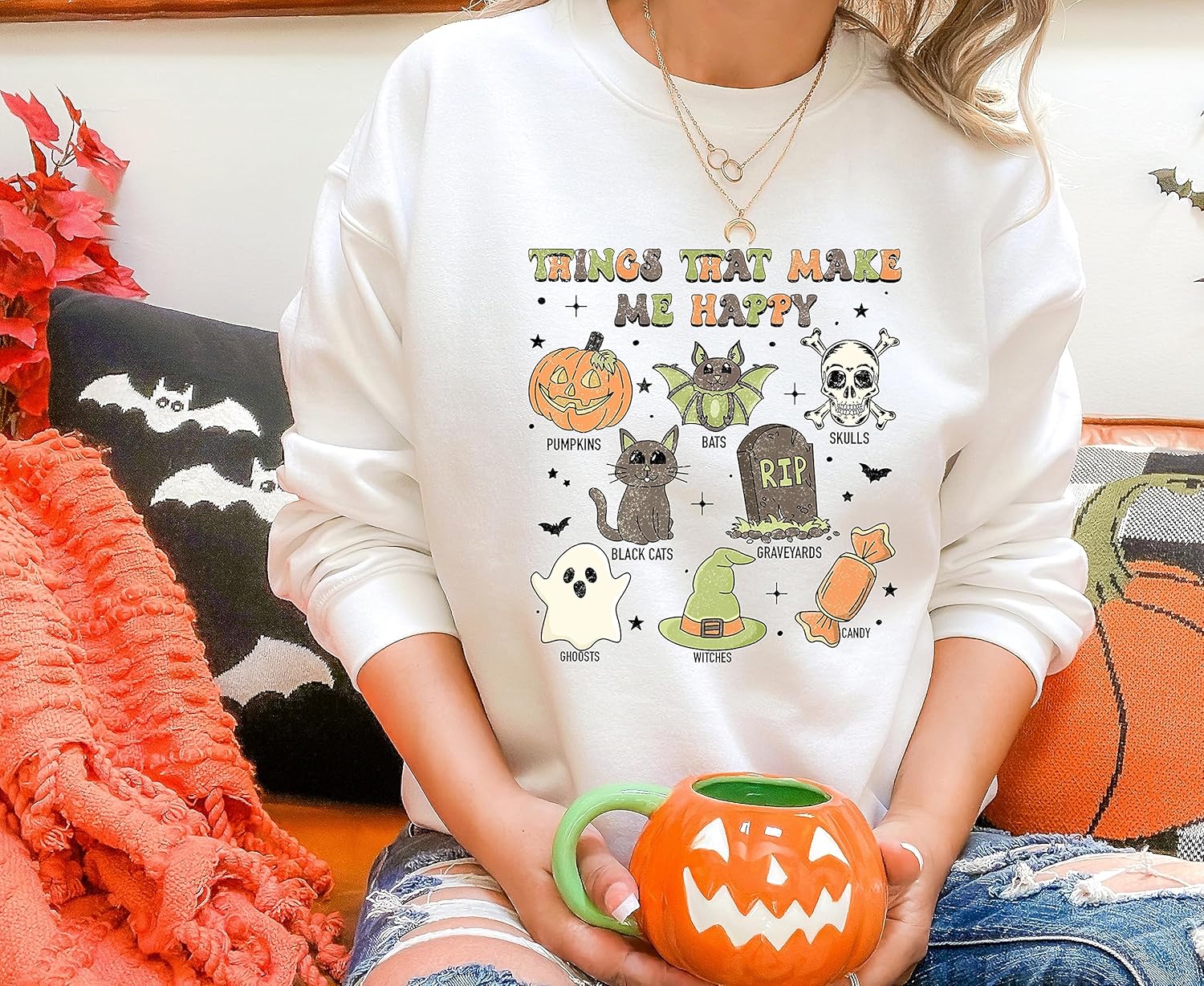 ElixirStreet Halloween Hoodies, Retro Things That Make Me Happy Halloween Sweatshirt, Cute Halloween, Graphic Tee, Cute Spooky, Skull Sweater,