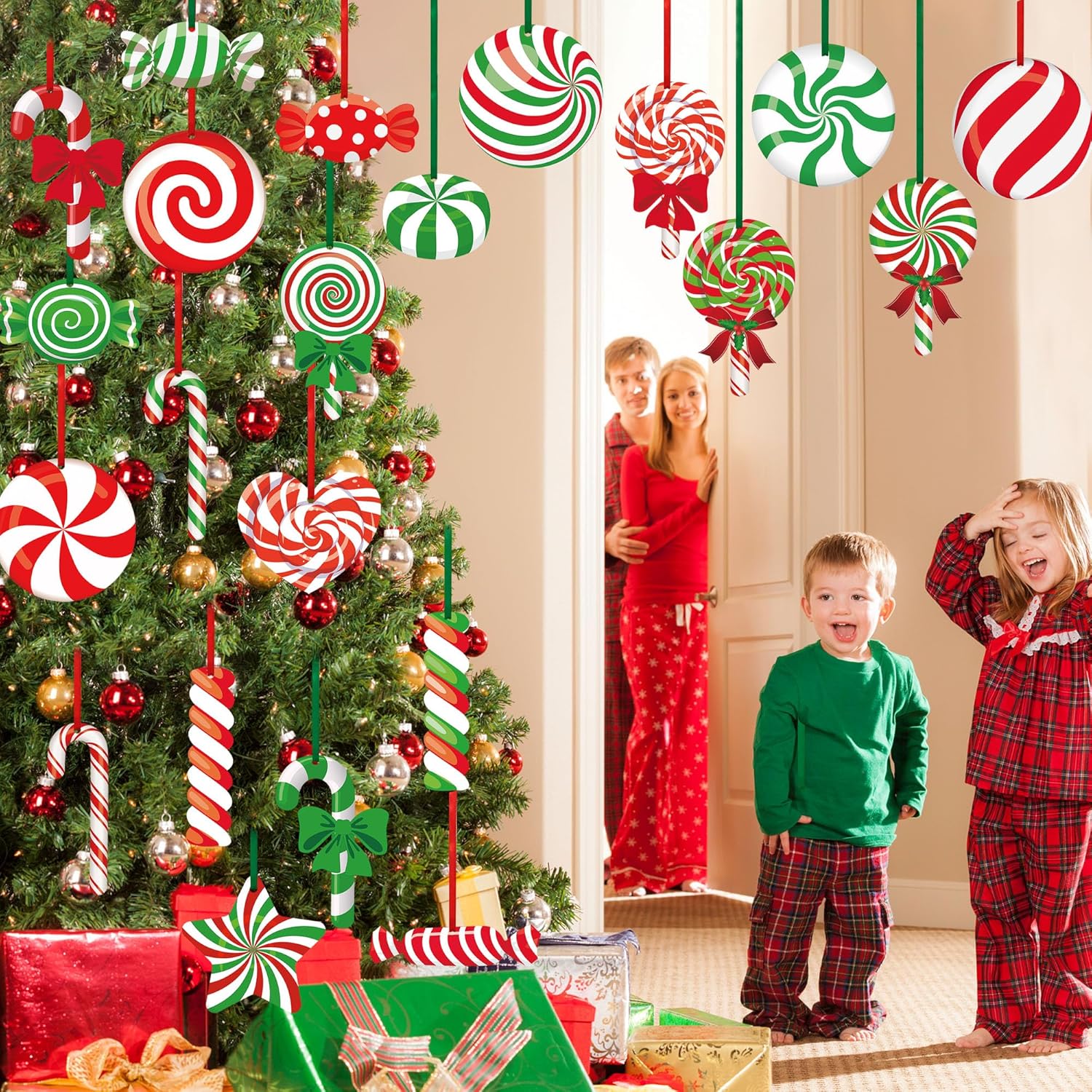 24 piezas de adornos de patio de dulces de Navidad para exteriores, adornos colgantes de caramelo de Navidad, menta, letrero de patio de doble cara,