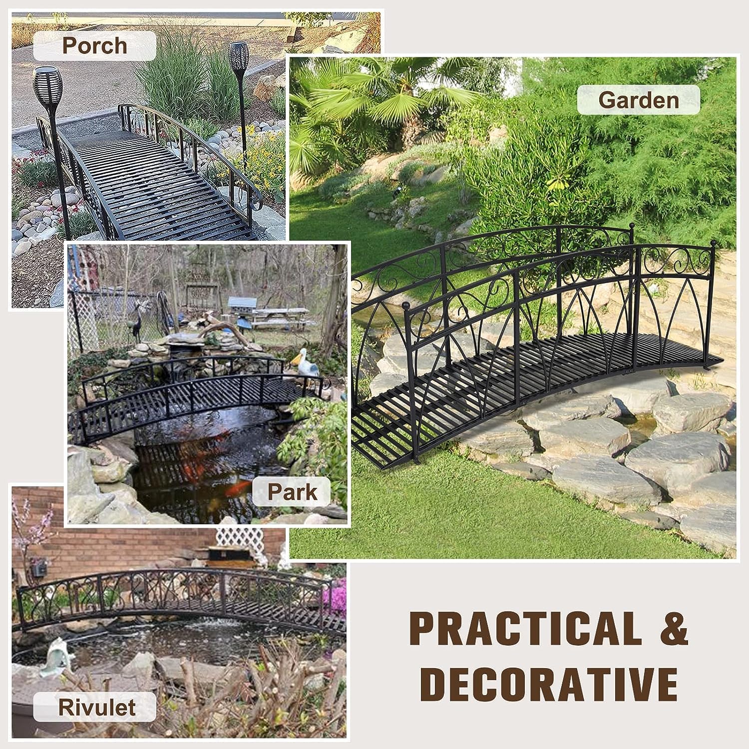Puente de jardín de metal de 8 pies con carriles laterales con patrones de seguridad, puente de arco de jardín extralargo decorativo para