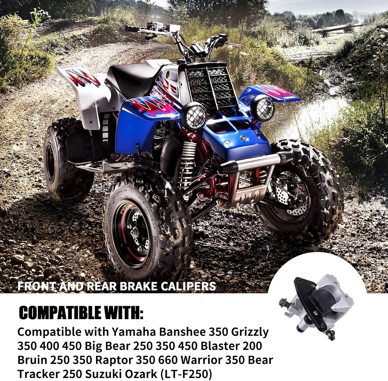 CNCMOTOK Pinza de freno delantera derecha e izquierda con pastillas compatible con Yamaha Banshee 350 Grizzly 350 400 450 Big Bear 250 350 450