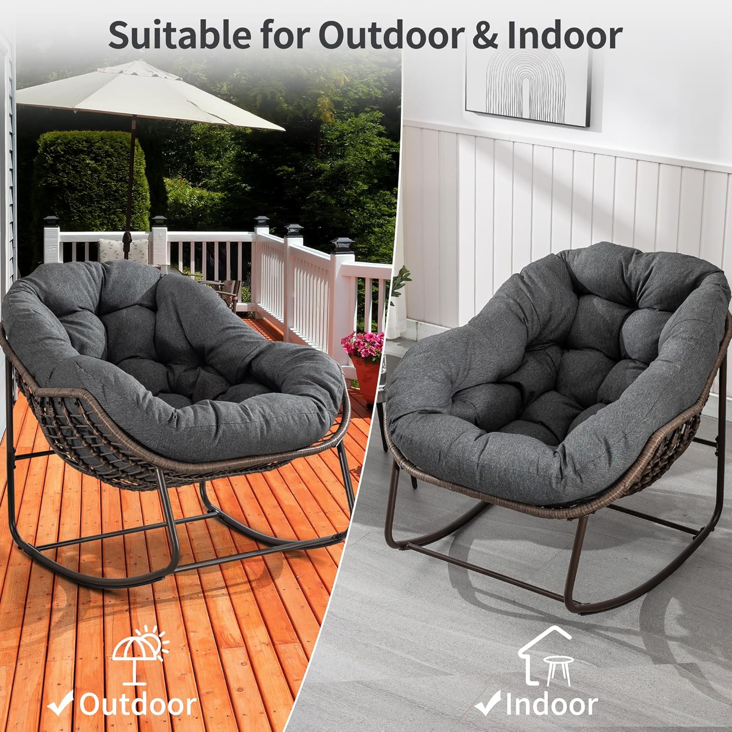 HOMEFUN Mecedoras para patio al aire libre, mecedora Papasan de gran tamaño para interiores con cojín acolchado, silla mecedora para porche
