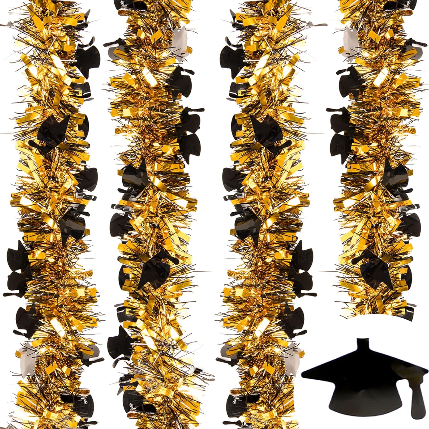 Whaline 4 guirnaldas de oropel de graduación de 26 pies, gorra de graduación torcida de oropel negro dorado metálico para fiesta de graduación,