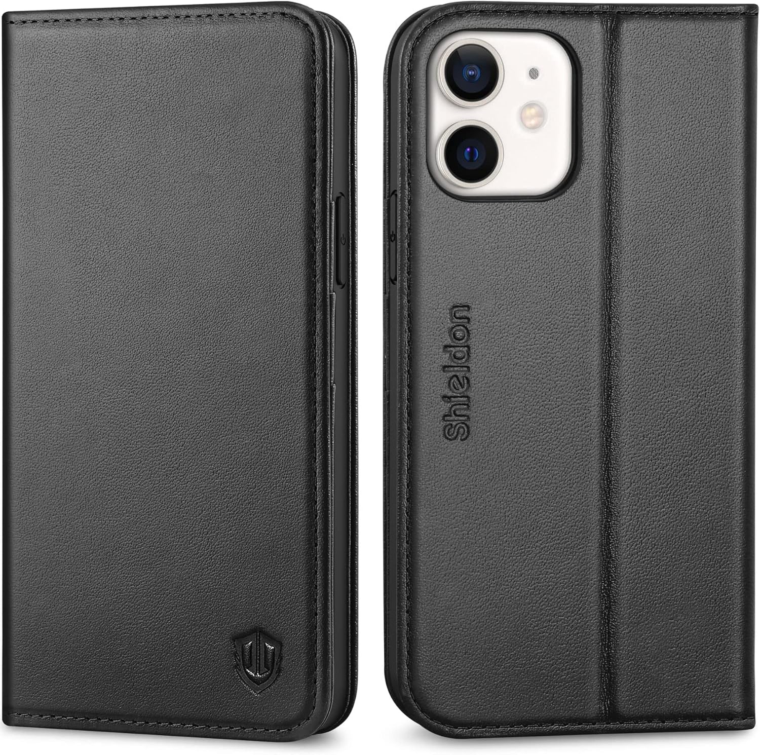 SHIELDON – Funda para iPhone 1212 Pro, cuero genuino, cubierta magnética, tarjetero con bloqueo RFID, kickstand, funda protectora a prueba de