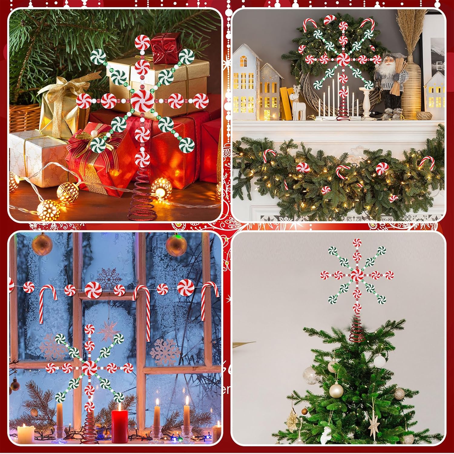 Shappy Juego de 26 adornos de árbol de Navidad con forma de copo de nieve de caramelo, bastones de caramelo de menta, adornos para árbol de Navidad,