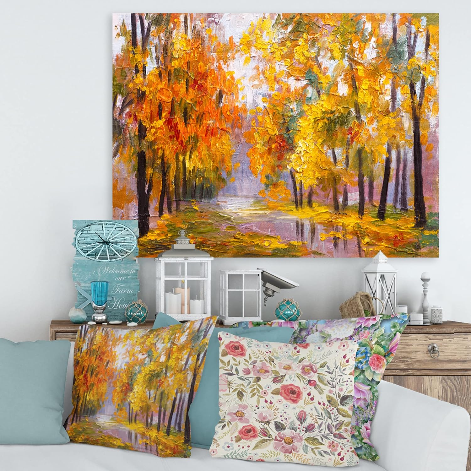 Lienzo decorativo para pared, diseño de bosque lleno de hojas caídas en otoño, casa del lago, color naranja, 32 x 24 pulgadas