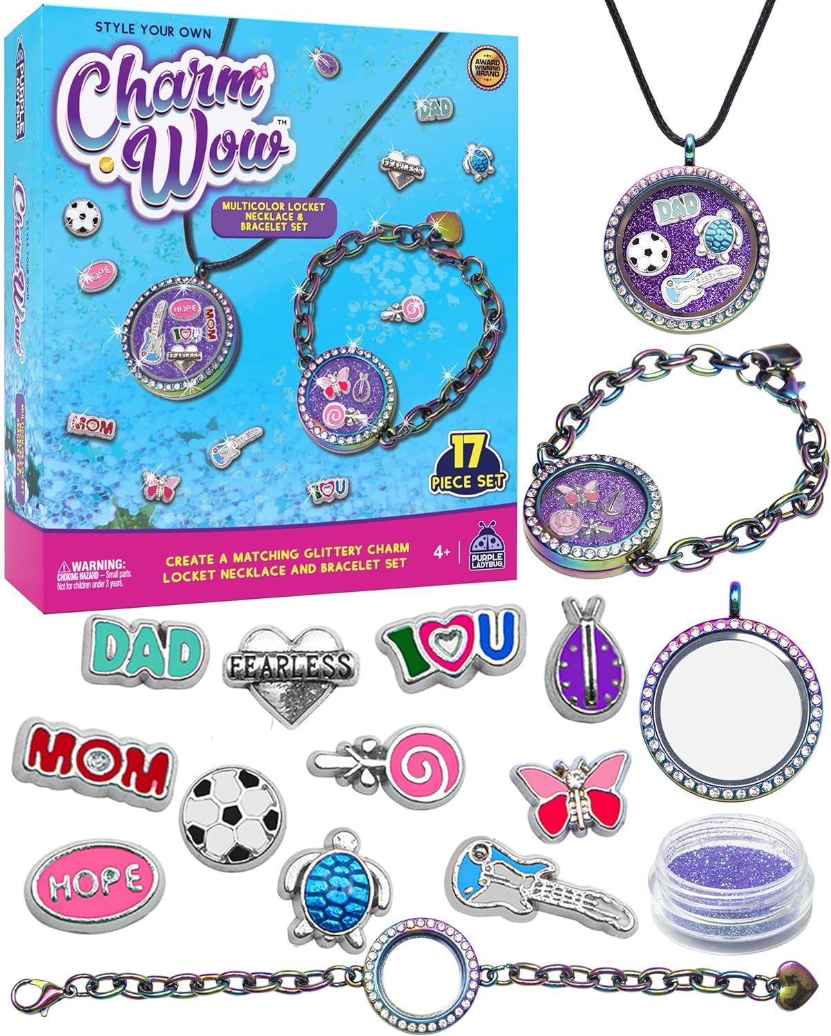 PURPLE LADYBUG CharmWow – Kit de fabricación de joyas para niños, manualidades divertidas para niñas de 4 a 8 años y gran regalo de cumpleaños para