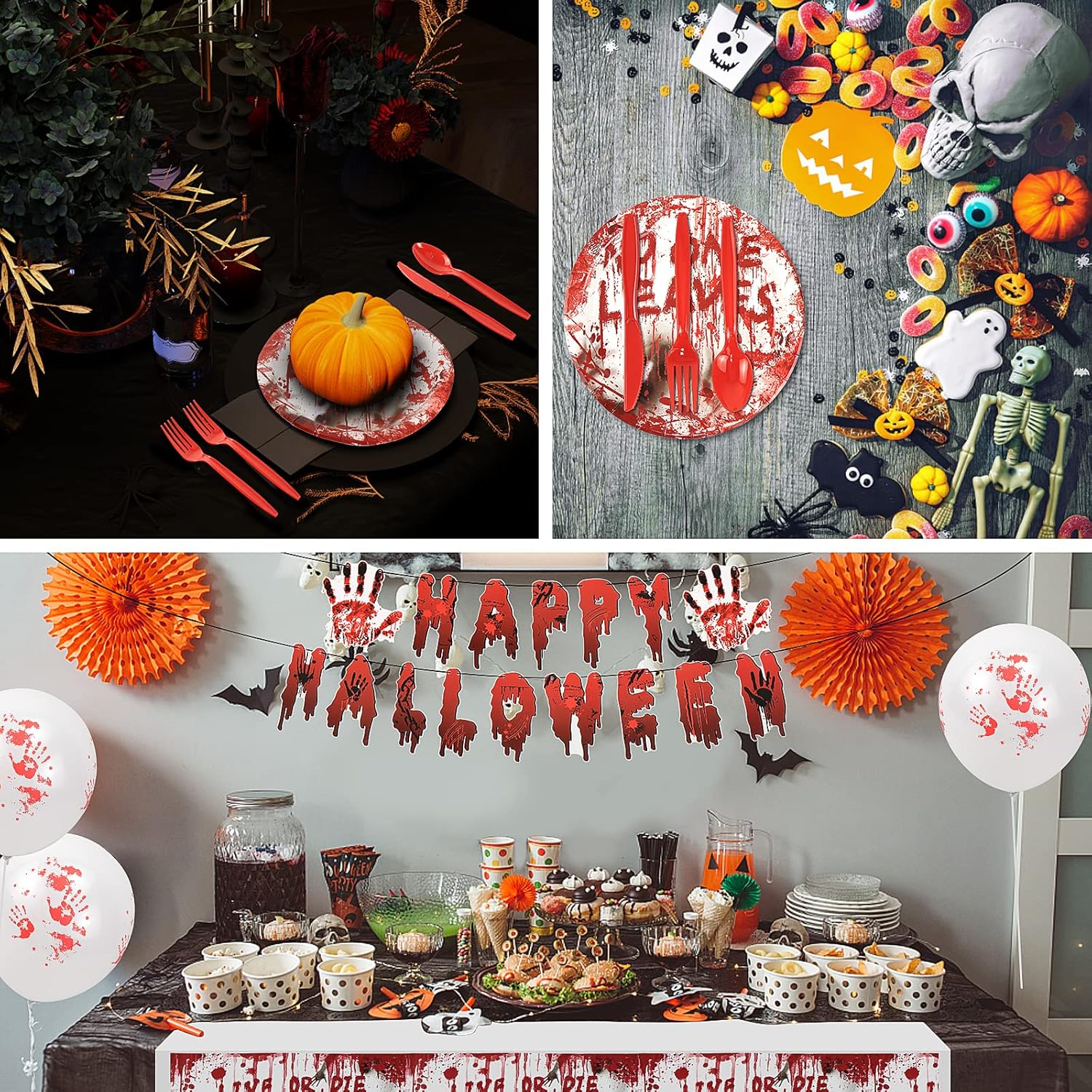 SelfTek Juego de vajilla de 177 piezas de suministros para fiesta de Halloween, decoraciones de fiesta de Halloween, vajilla desechable, platos de