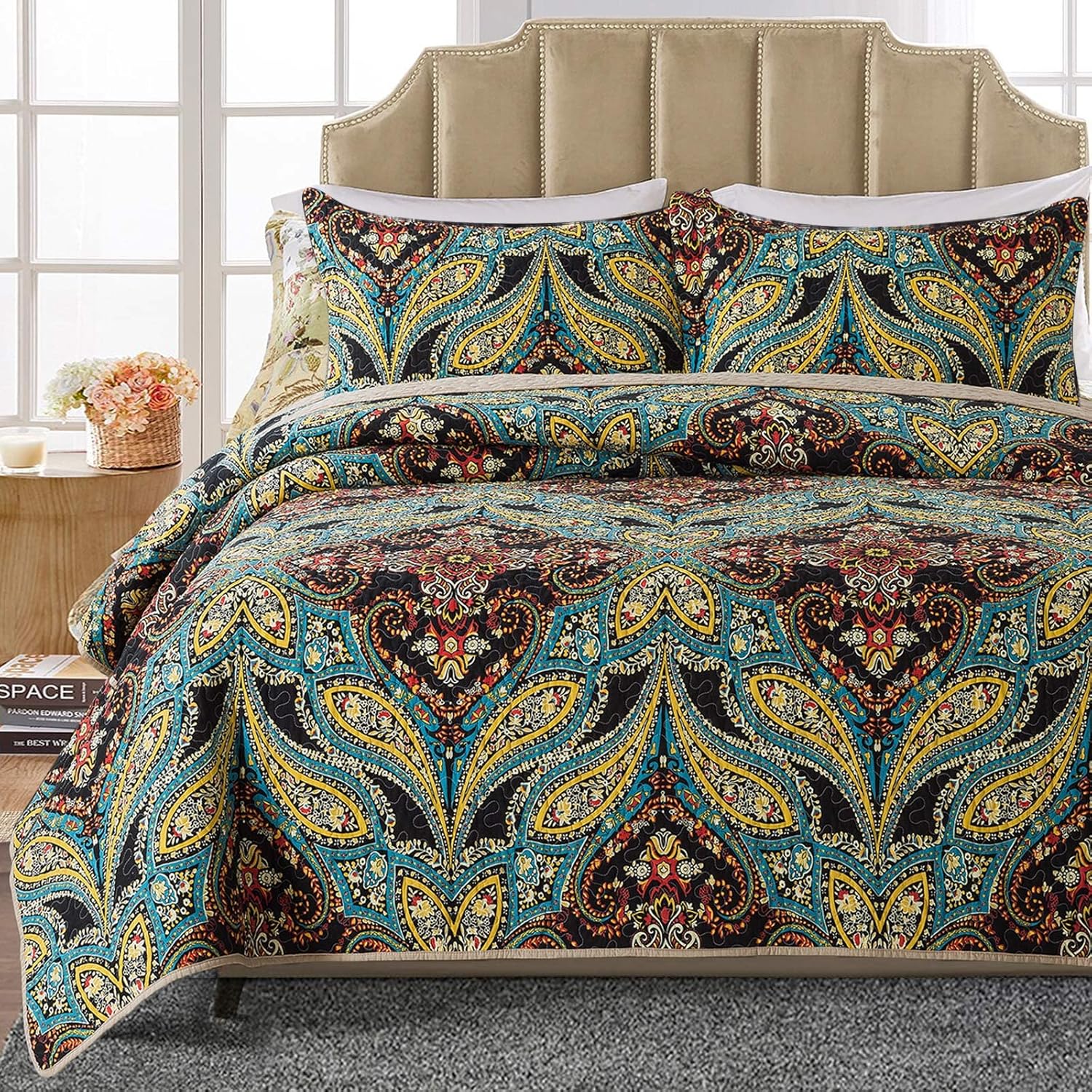 HoneiLife Juego de edredón tamaño individual  Colchas de algodón de 3 piezas con estampado de cachemira, colcha ligera, juego de ropa de cama cálida