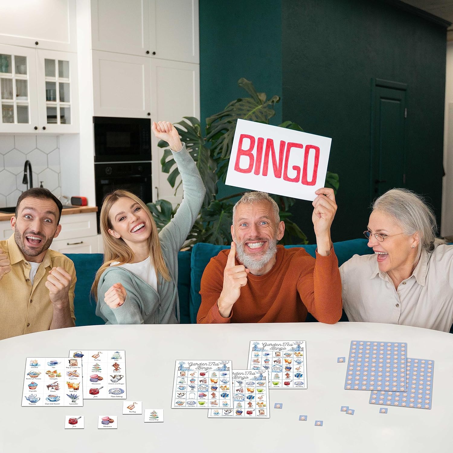 KFNER Juego de bingo de té de jardín, tarjeta de bingo para fiesta de té, juego de bingo para 24 jugadores, actividades en interiores y exteriores,