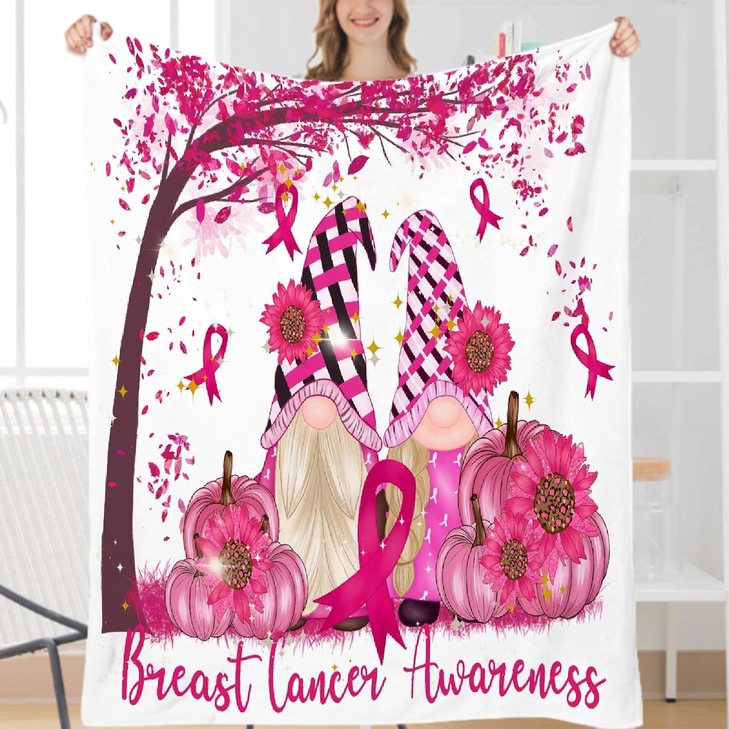 Manta de gnomos de cáncer de mama, regalos para mujeres para cáncer de mama, manta de condolencias con energía positiva inspiradora, 30 x 40