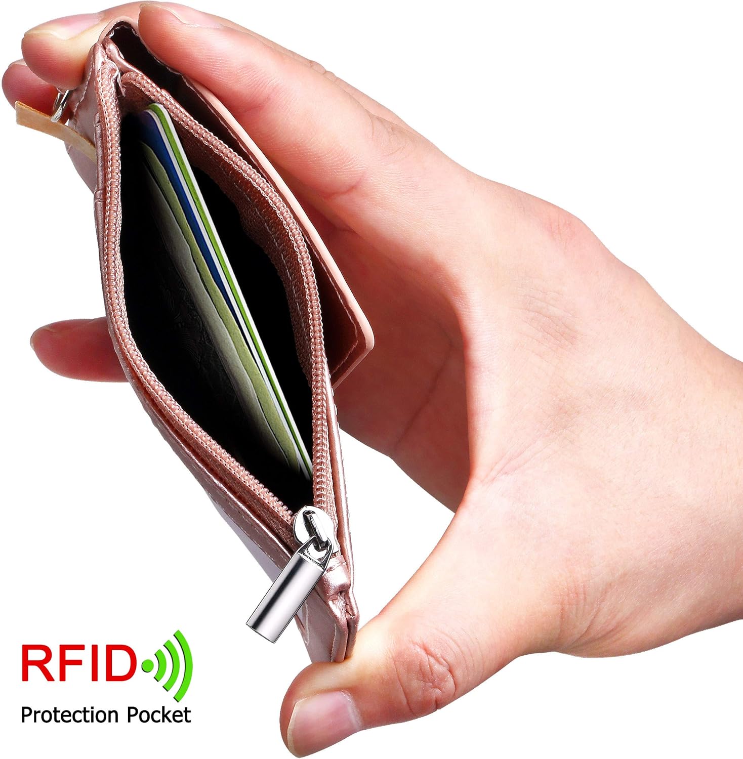 Soporte para tarjeta de identificación ELV con cremallera, de piel sintética, con 5 ranuras para tarjetas, 1 bolsillo lateral con bloqueo RFID y