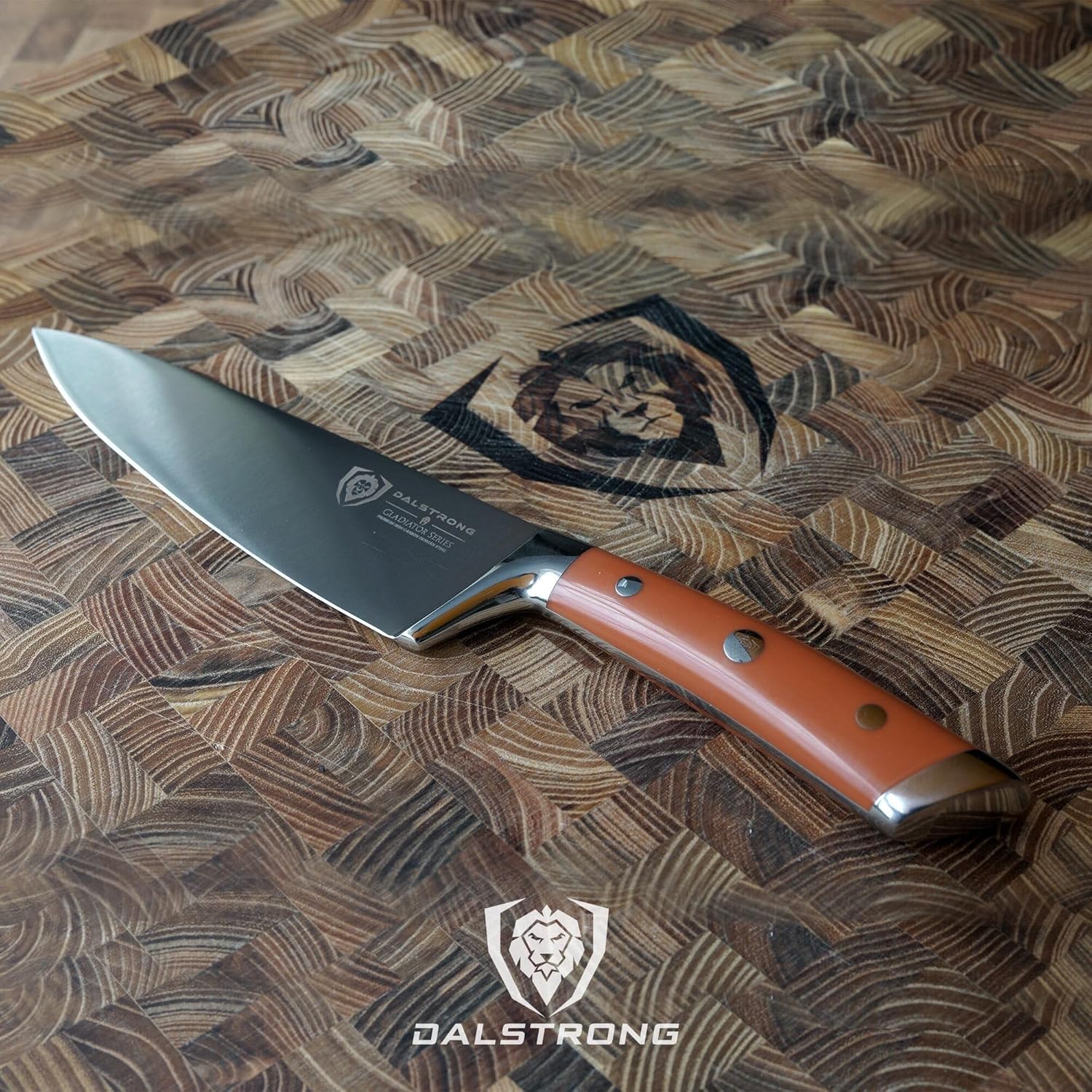 Dalstrong Cuchillo de chef  8 pulgadas  Serie Gladiator  Acero alemán forjado de alto carbono  Mango de ABS naranja  Cuchillo de cocina de espiga