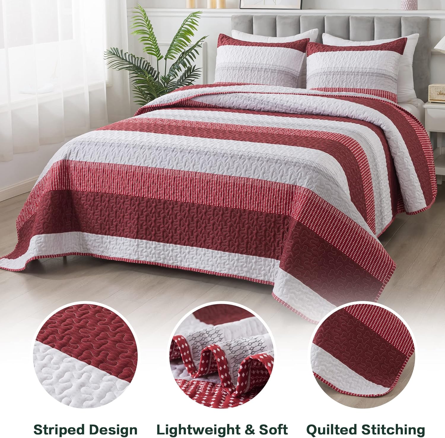 Andency – Juego de edredón a rayas color rojo Queen (90 x 96 pulgadas), 3 piezas (1 edredón a rayas y 2 fundas de almohada), juego de colcha de