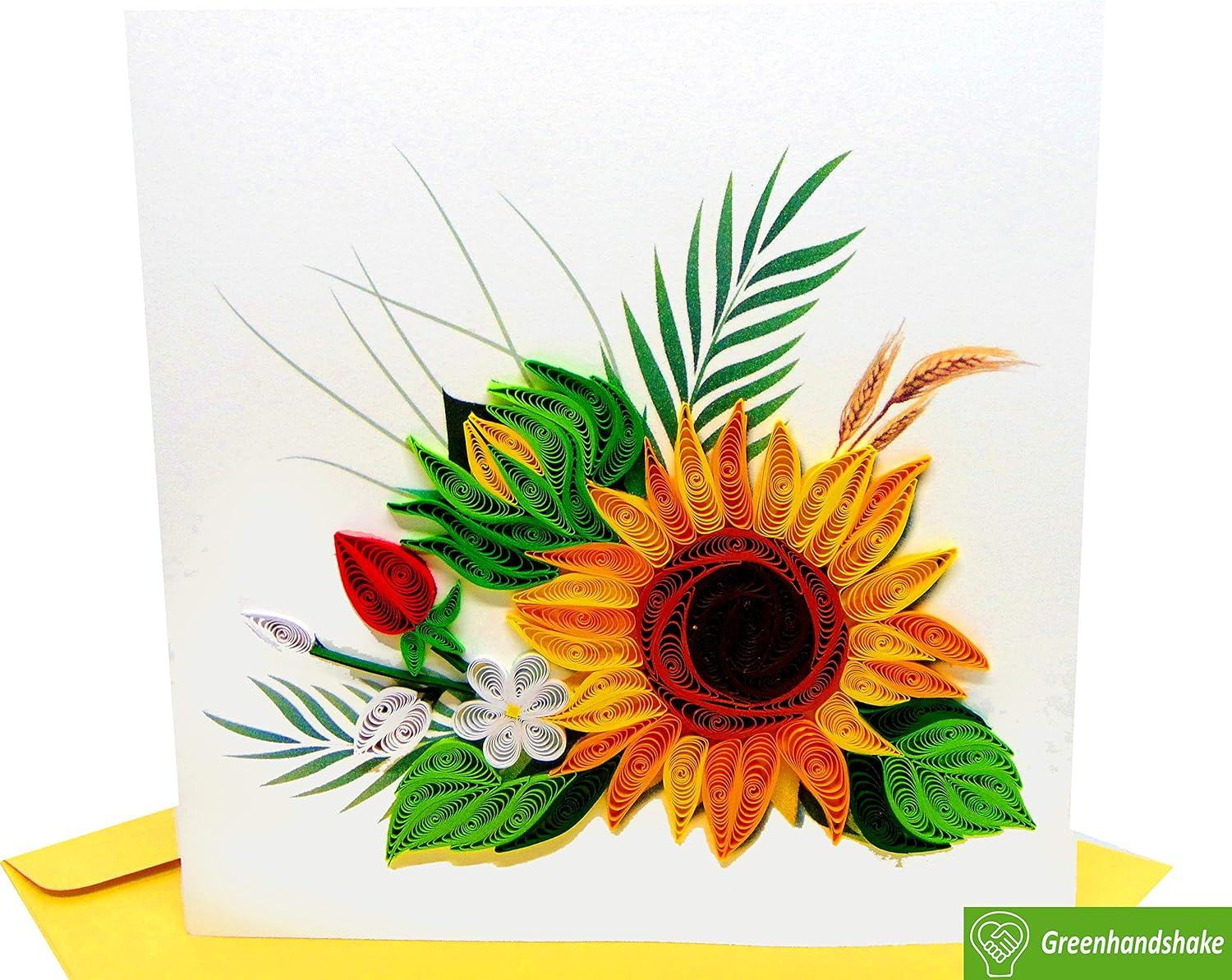 Greenhandshake Tarjeta Quilling de girasol, 6 x 6 pulgadas, patrón floral, color amarillo, para todas las ocasiones, incluye sobre