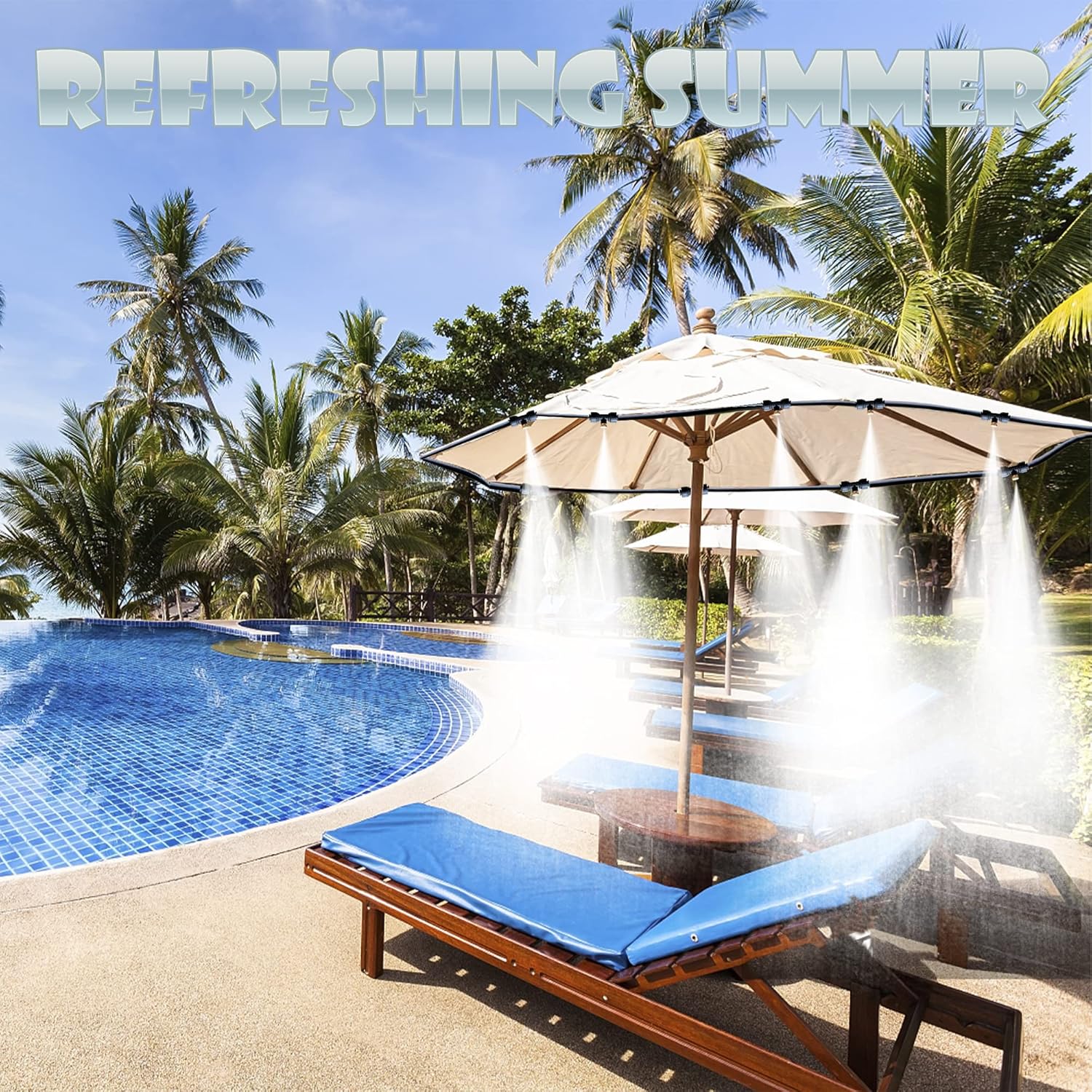 Misting Cooling System (Newly Designed Atomizing Line) 50FT15m Atomization Line+ 14 Brass Spray Nozzles + One Brass Adapter (34 Inch) Patio Spray