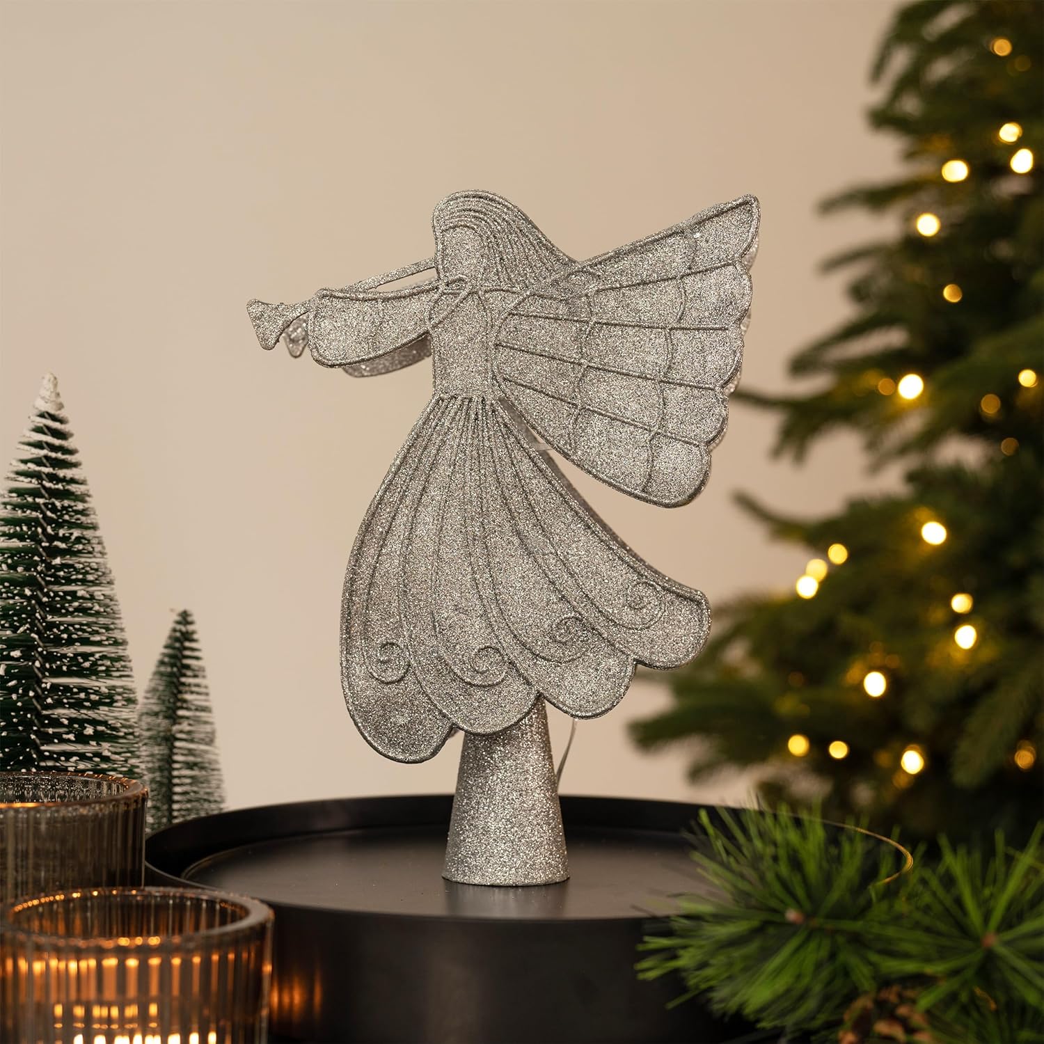 Valery Madelyn Decoración de árbol de ángel de Navidad con luces LED giratorias de copos de nieve, copa de árbol plateada iluminada con proyección