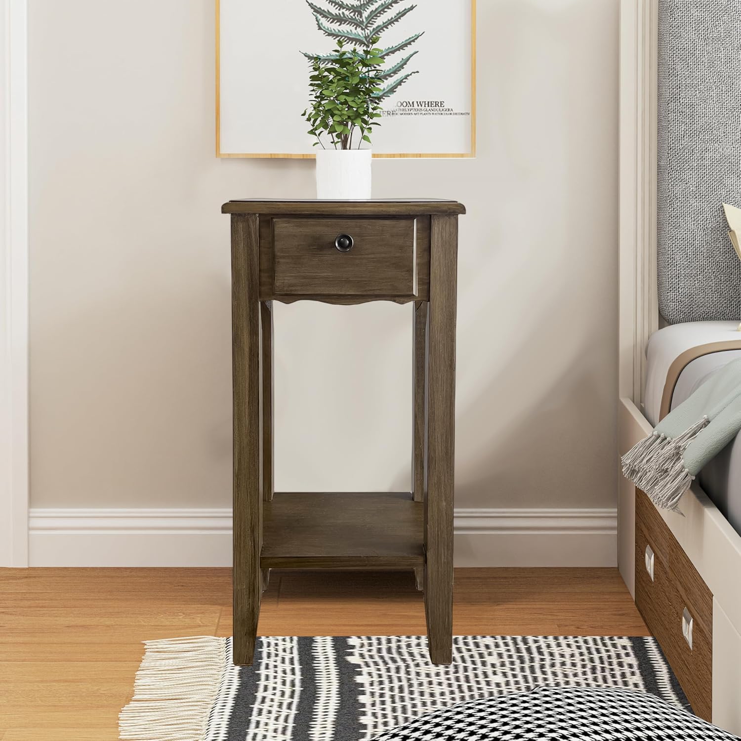 Mesa auxiliar estrecha pequeña con cajón y estante de madera sólida para sofá, mesa auxiliar delgada para mesita de noche para espacios pequeños,