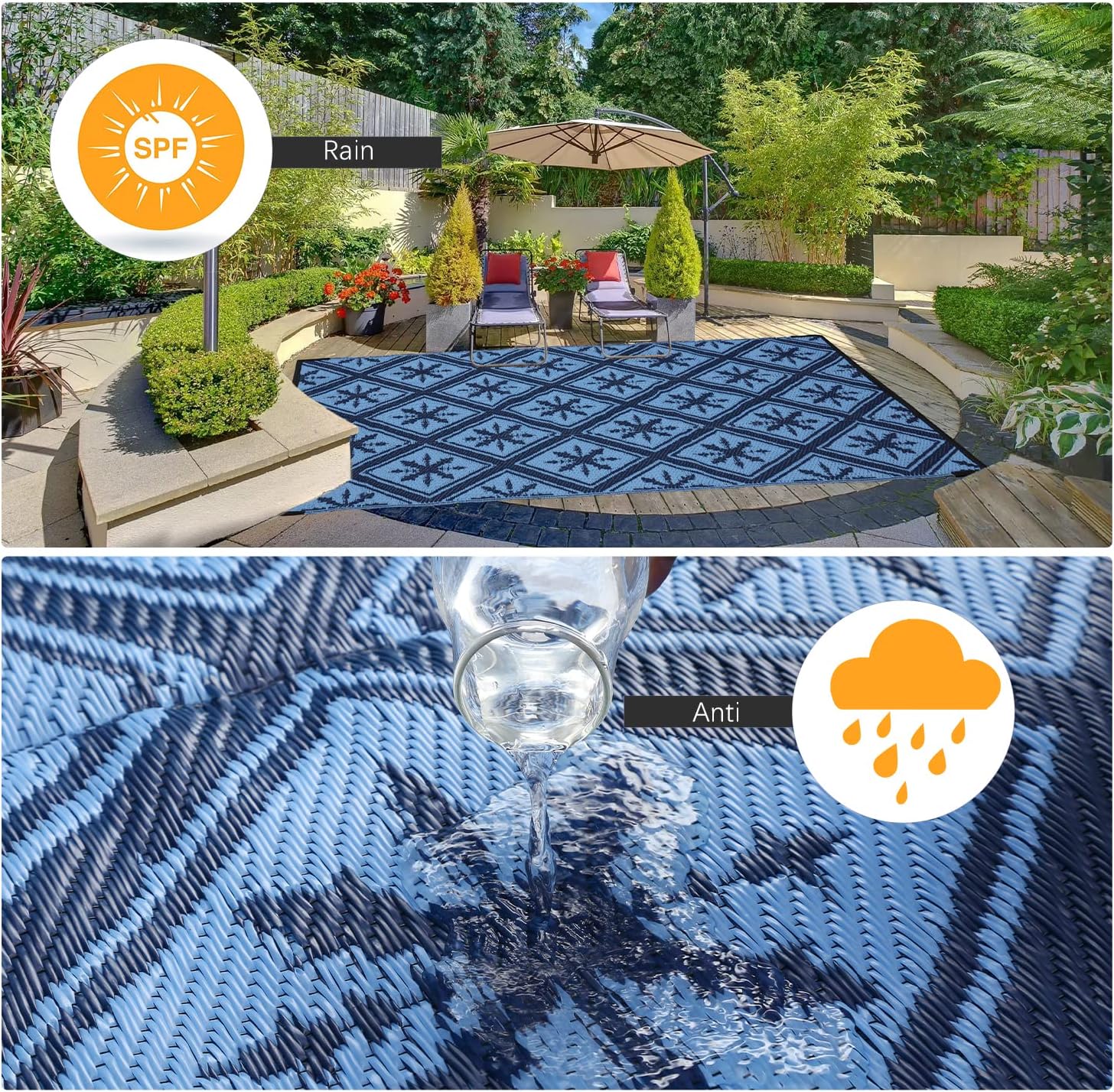 Alfombra impermeable para exteriores, 9 x 12 pies, portátil, ligera, de plástico, para patio, campamento